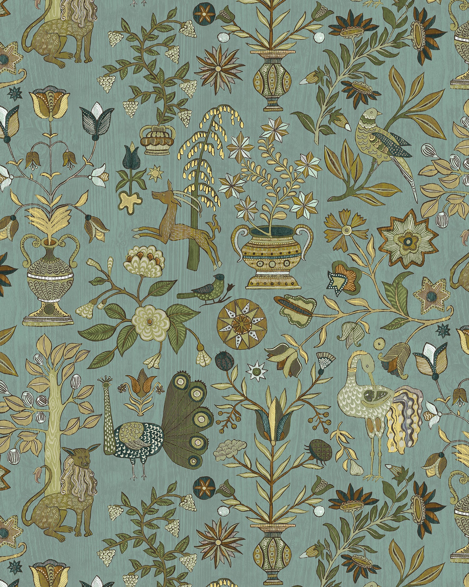 Fable Garden Wallpaper in mid blue and olive color - pattern number JMW1045.31.0 - by Kravet in the Josephine Munsey Alma collection