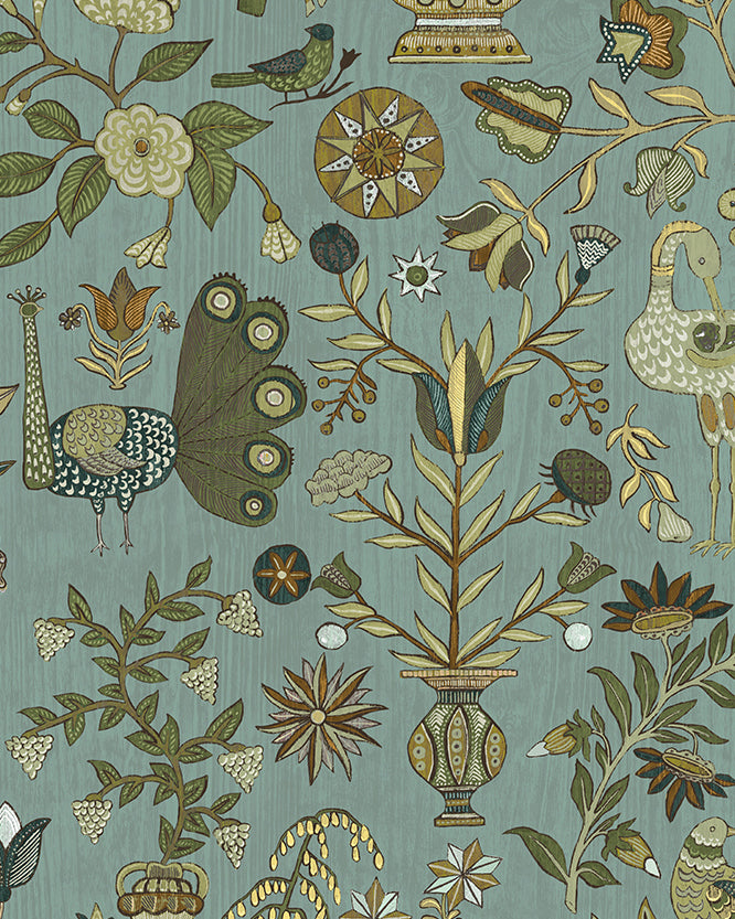 Fable Garden Wallpaper in mid blue and olive color - pattern number JMW1045.31.0 - by Kravet in the Josephine Munsey Alma collection
