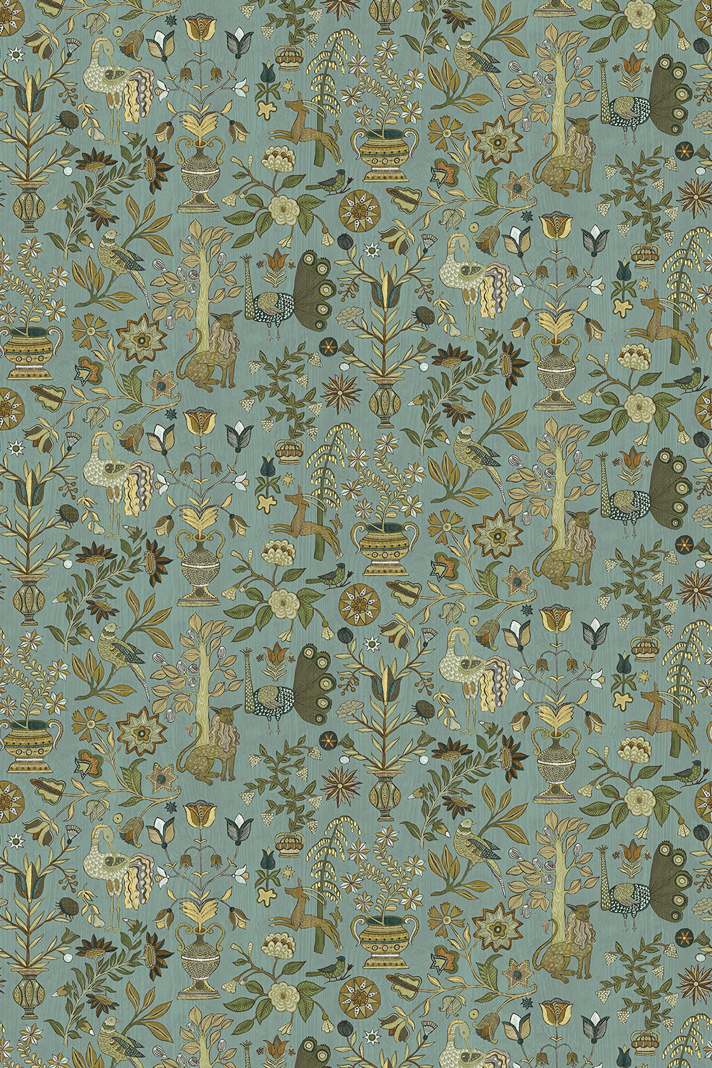 Fable Garden Wallpaper in mid blue and olive color - pattern number JMW1045.31.0 - by Kravet in the Josephine Munsey Alma collection