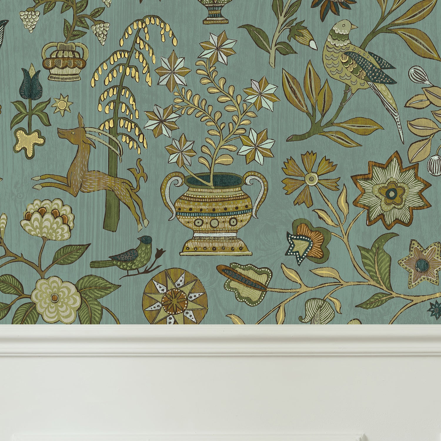 Fable Garden Wallpaper in mid blue and olive color - pattern number JMW1045.31.0 - by Kravet in the Josephine Munsey Alma collection