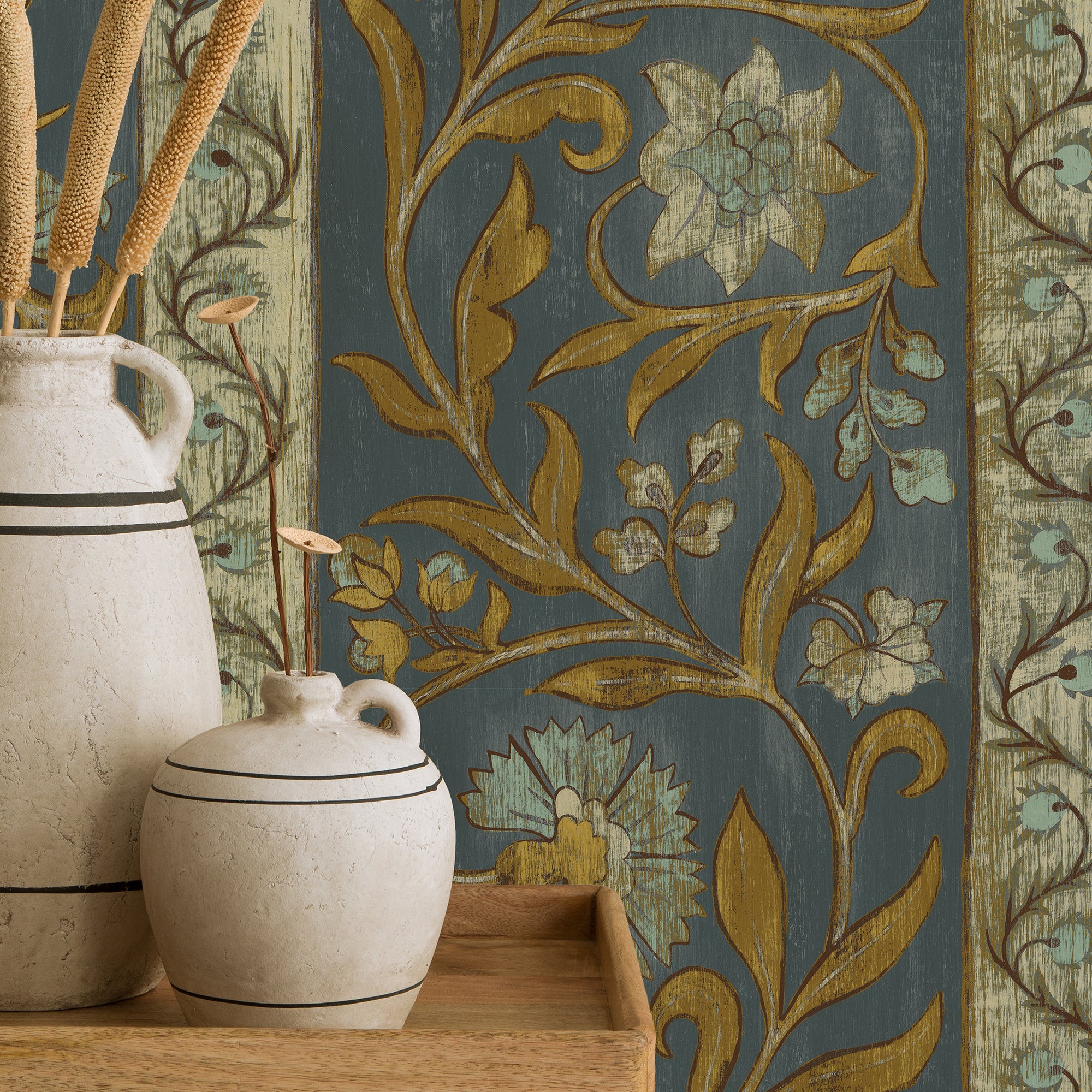Potter Stripe Wallpaper in blue and olive color - pattern number JMW1046.01.0 - by Kravet in the Josephine Munsey Alma collection