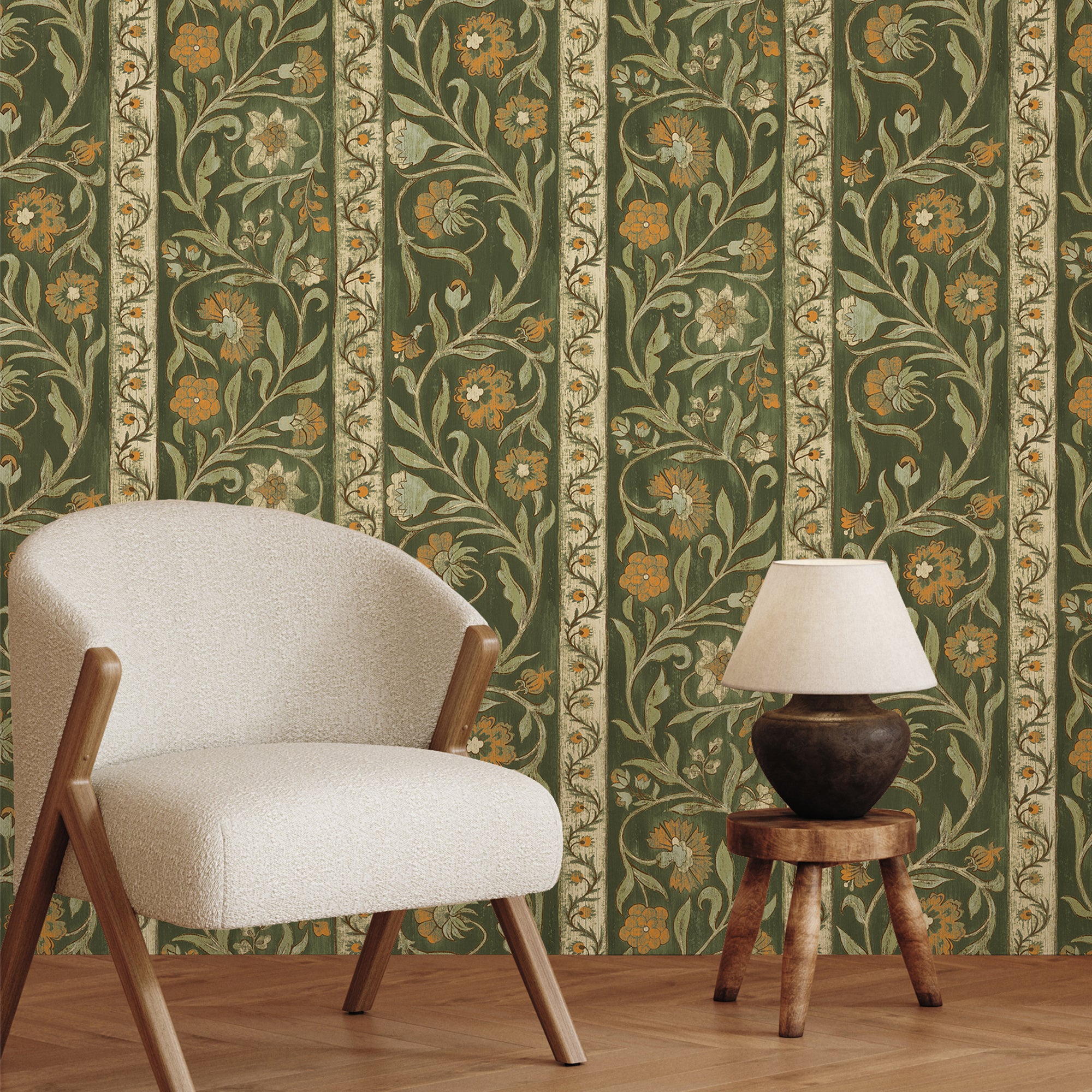 Potter Stripe Wallpaper in green and orange color - pattern number JMW1046.11.0 - by Kravet in the Josephine Munsey Alma collection