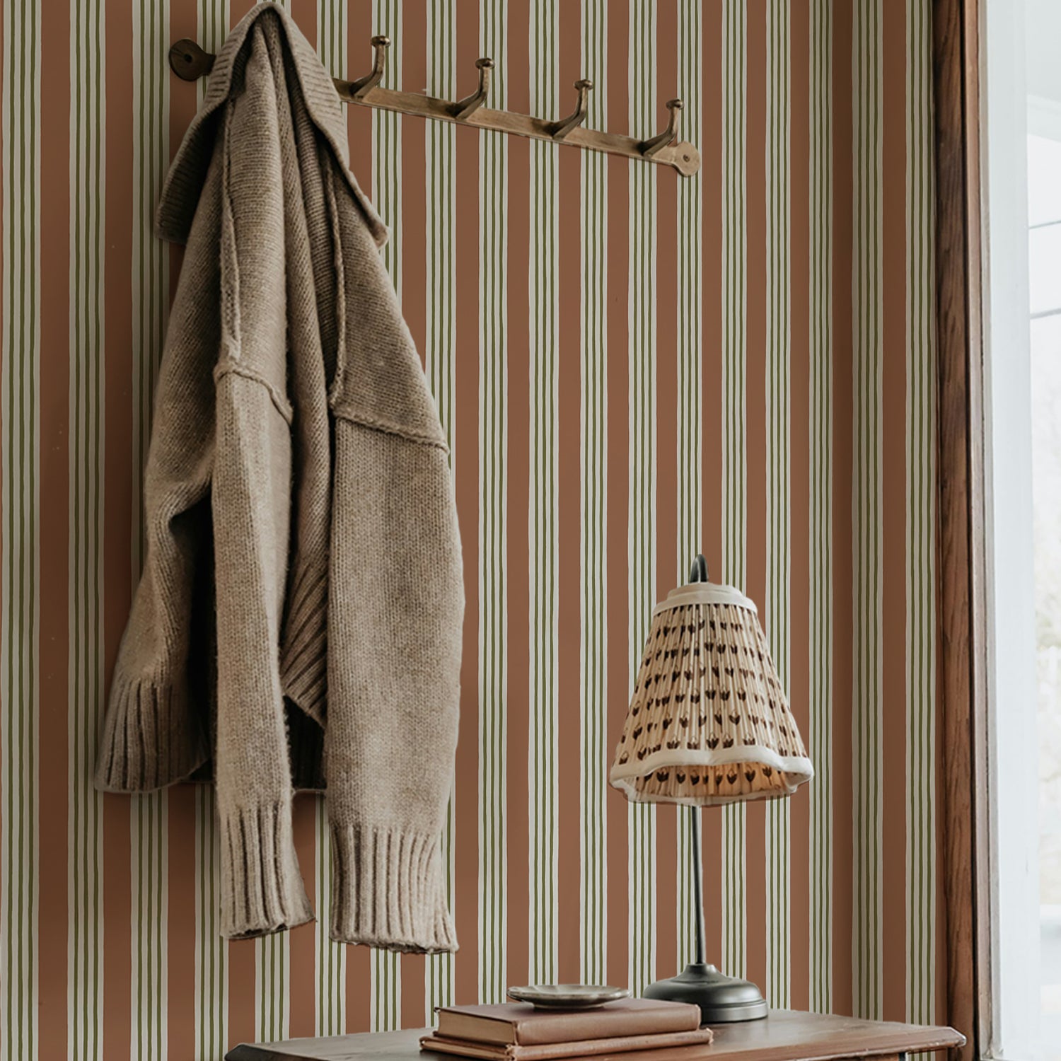 Kemble Stripe Wallpaper in trixie, sunday clay and quartz color - pattern number JMWRKEM.04.0 - by Kravet in the Josephine Munsey Roll II collection