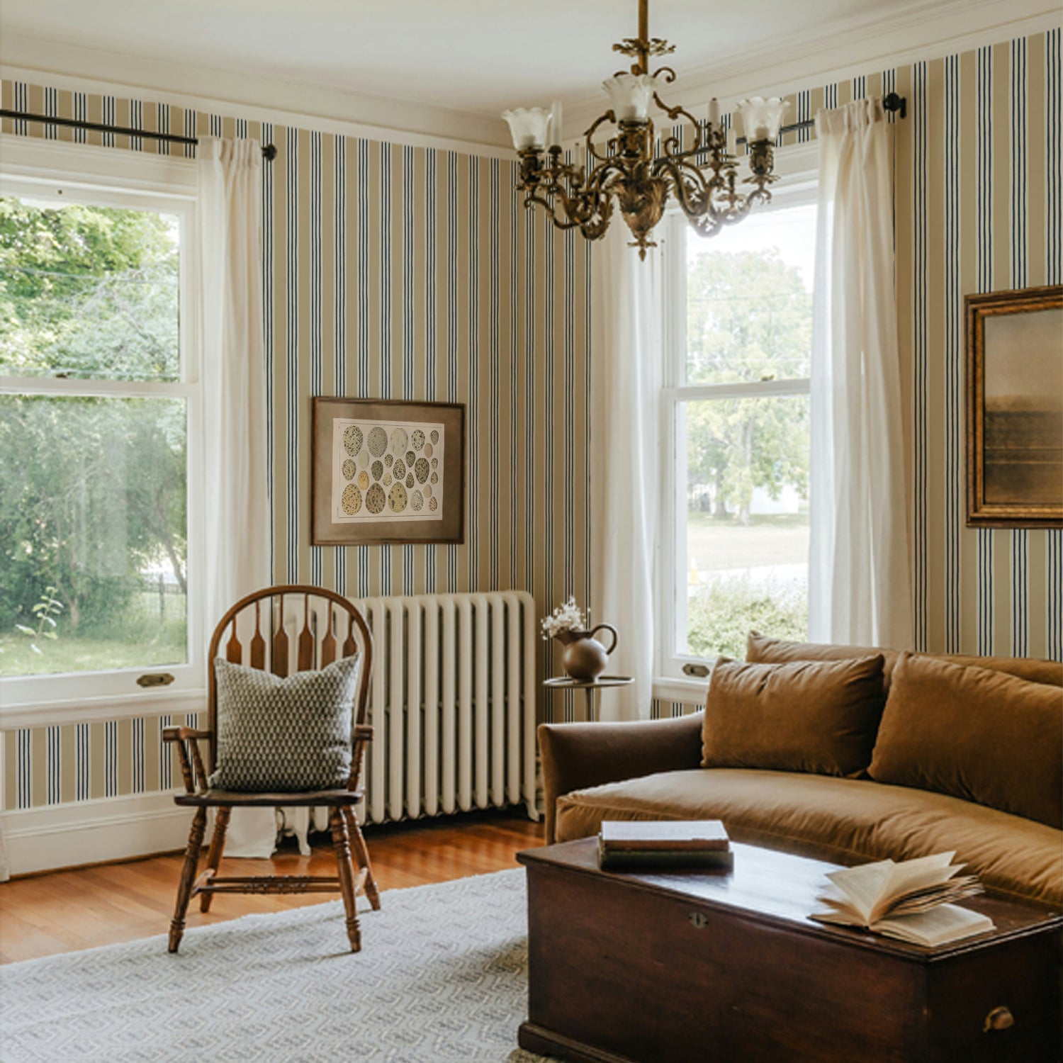Kemble Stripe Wallpaper in hute blue, shell and cliffwell stone color - pattern number JMWRKEM.05.0 - by Kravet in the Josephine Munsey Roll II collection
