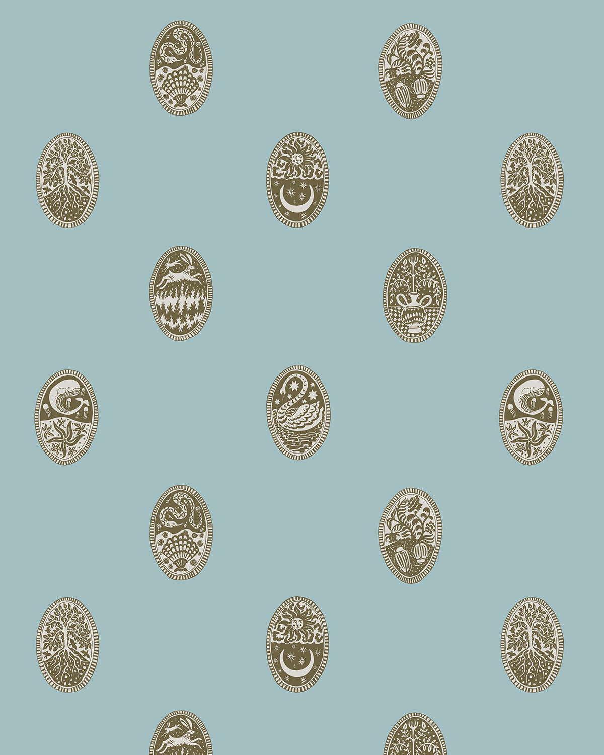 Linear Cameos Wallpaper in cobber, spruce and dew color - pattern number JMWRLIN.03.0 - by Kravet in the Josephine Munsey Roll II collection