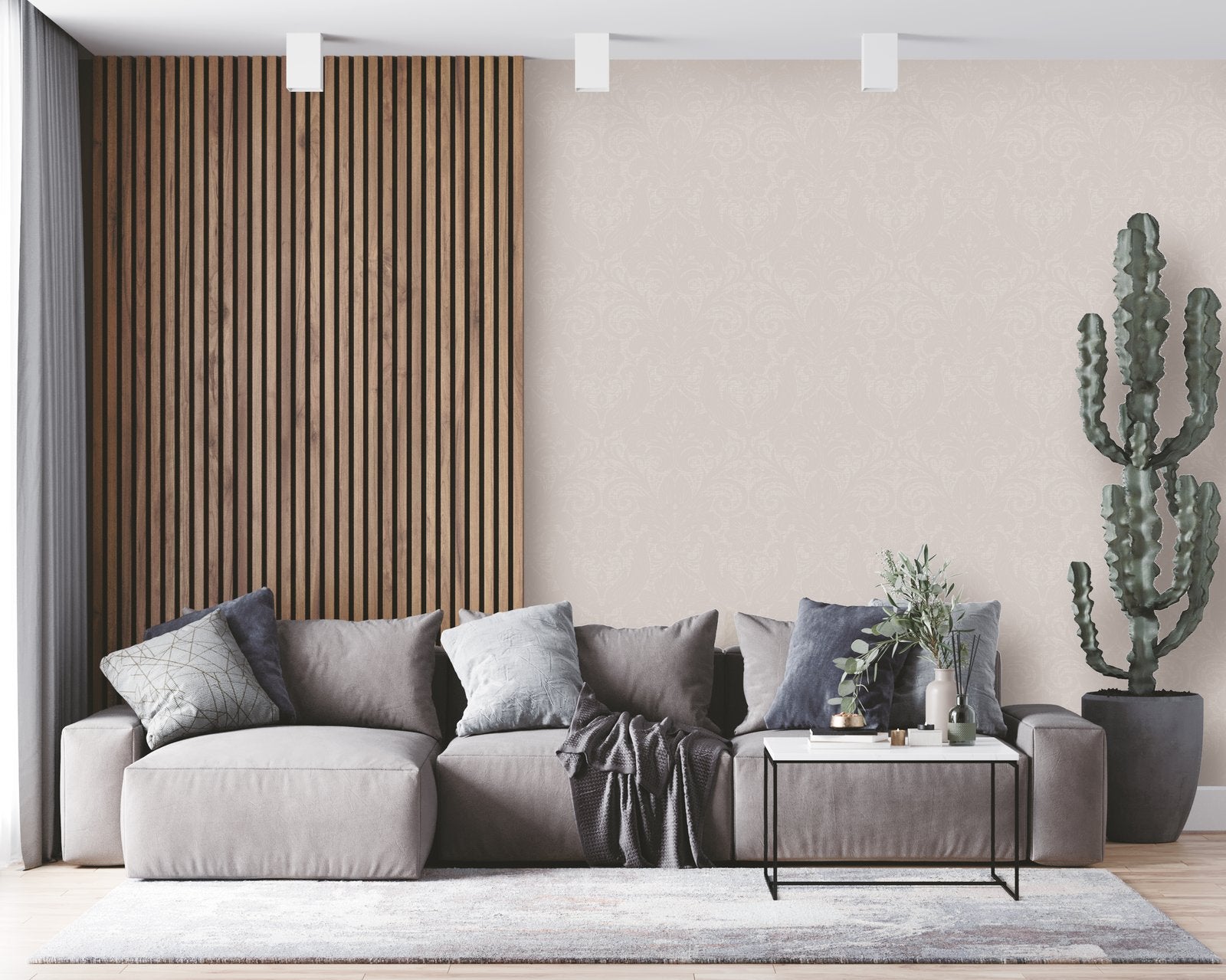 Damask Sauvage wallpaper in beige color - pattern number LB25172 - by Galerie in the Off The Wall collection