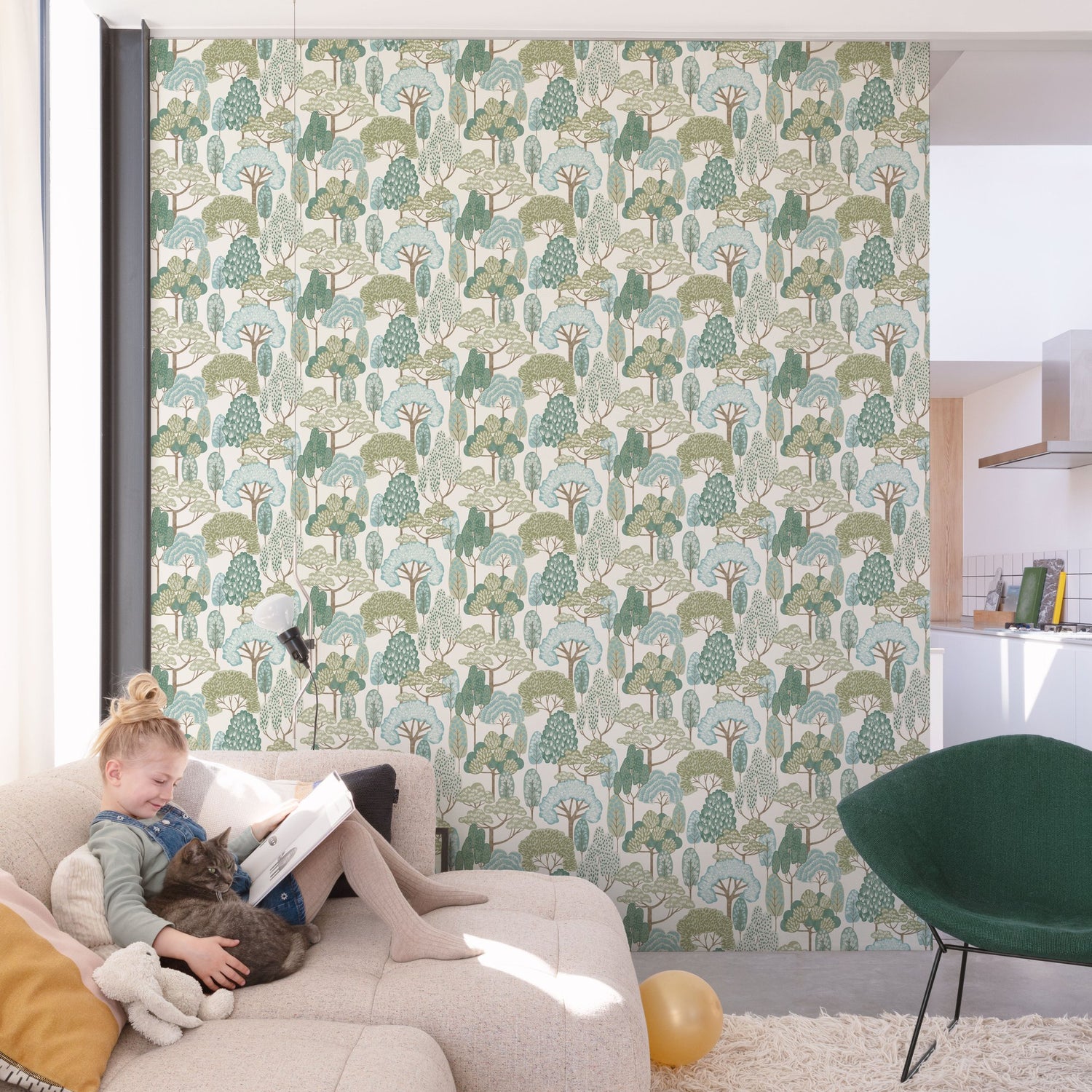 Trees Motive Wallpaper in green color - pattern number GDLD2109 - by Grandeco in the Little Dreamers collection