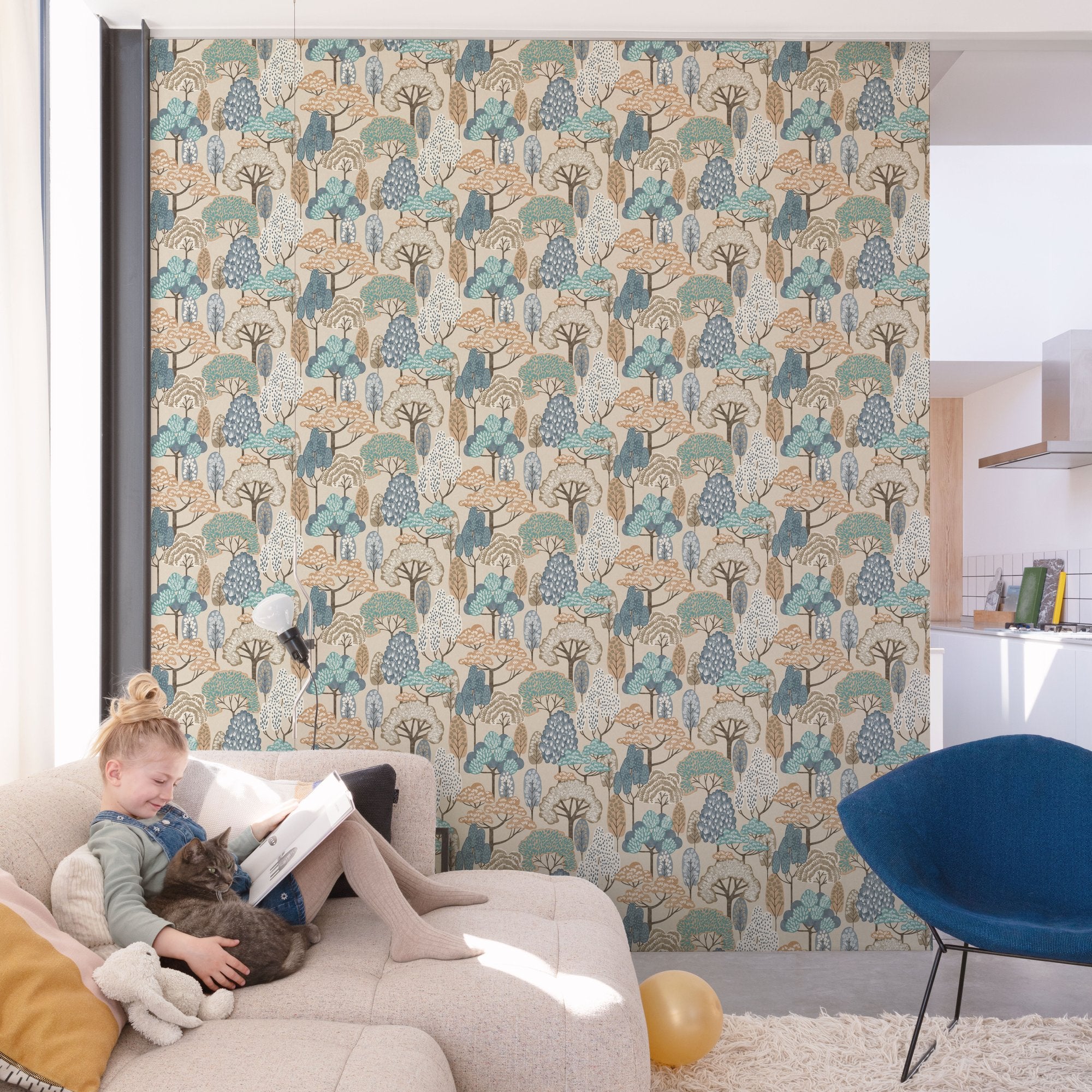 Trees Motive Wallpaper in blue color - pattern number GDLD2115 - by Grandeco in the Little Dreamers collection