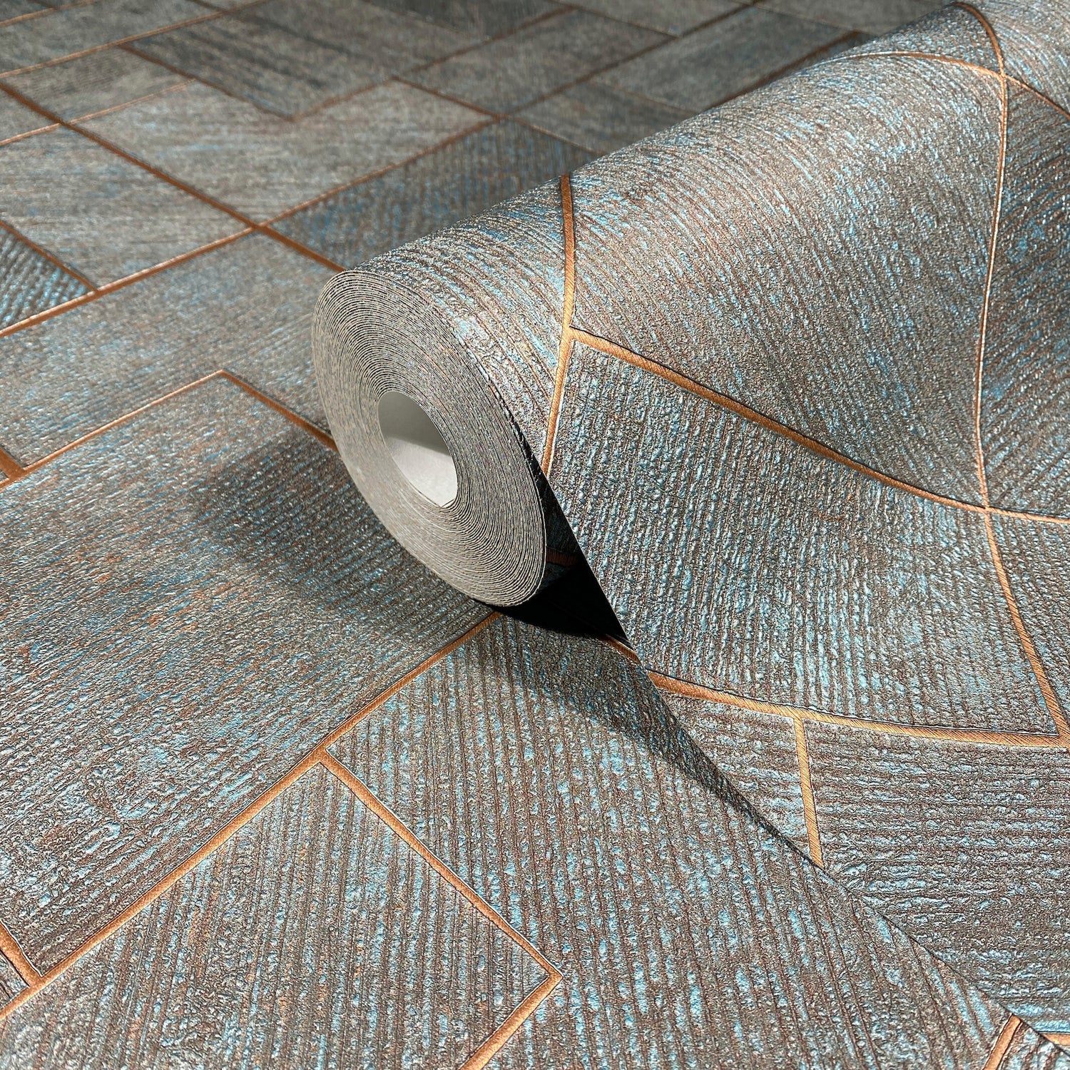 Marquetry wallpaper in teal color - pattern number MA35512 - by Antonina Vella in the Opulent Accents collection