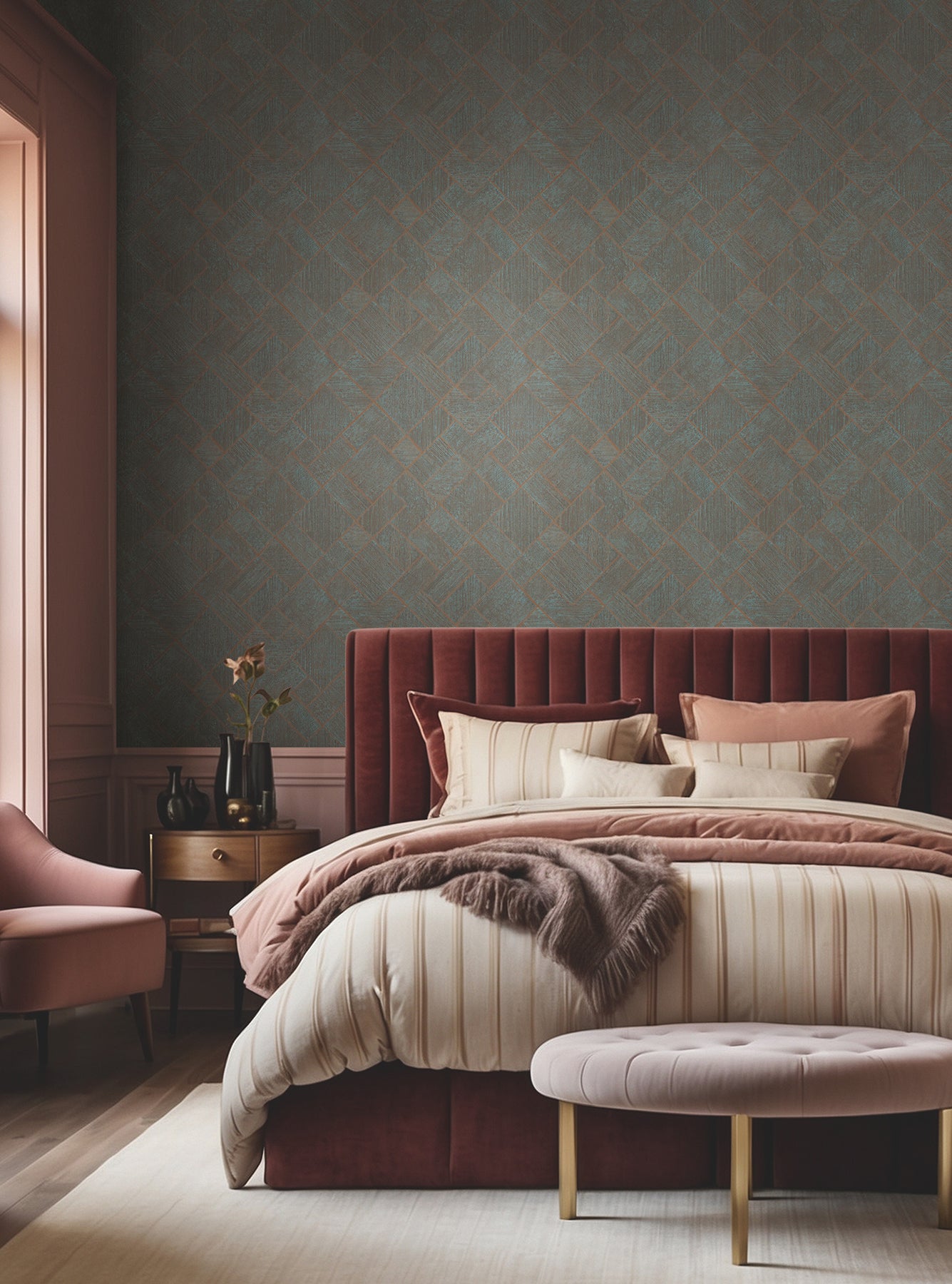Marquetry wallpaper in teal color - pattern number MA35512 - by Antonina Vella in the Opulent Accents collection
