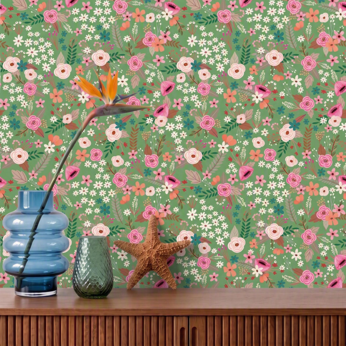 Sophie Floral Peel and Stick Wallpaper in Green color - pattern number MIAPS1-01 - by Veer Decor in the Mia Charros Peel and Stick Collection collection