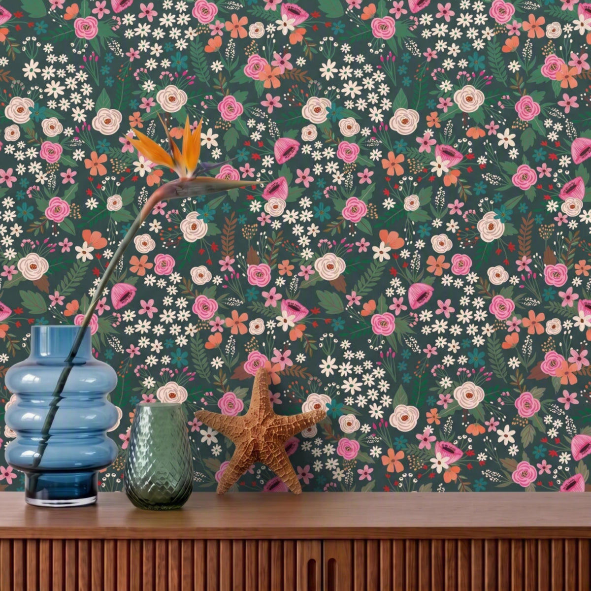 Sophie Floral Peel and Stick Wallpaper in Dark Green color - pattern number MIAPS1-02 - by Veer Decor in the Mia Charros Peel and Stick Collection collection