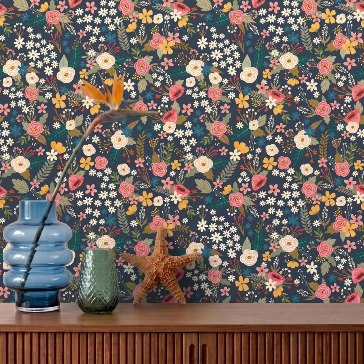 Sophie Floral Peel and Stick Wallpaper in Black color - pattern number MIAPS1-03 - by Veer Decor in the Mia Charros Peel and Stick Collection collection
