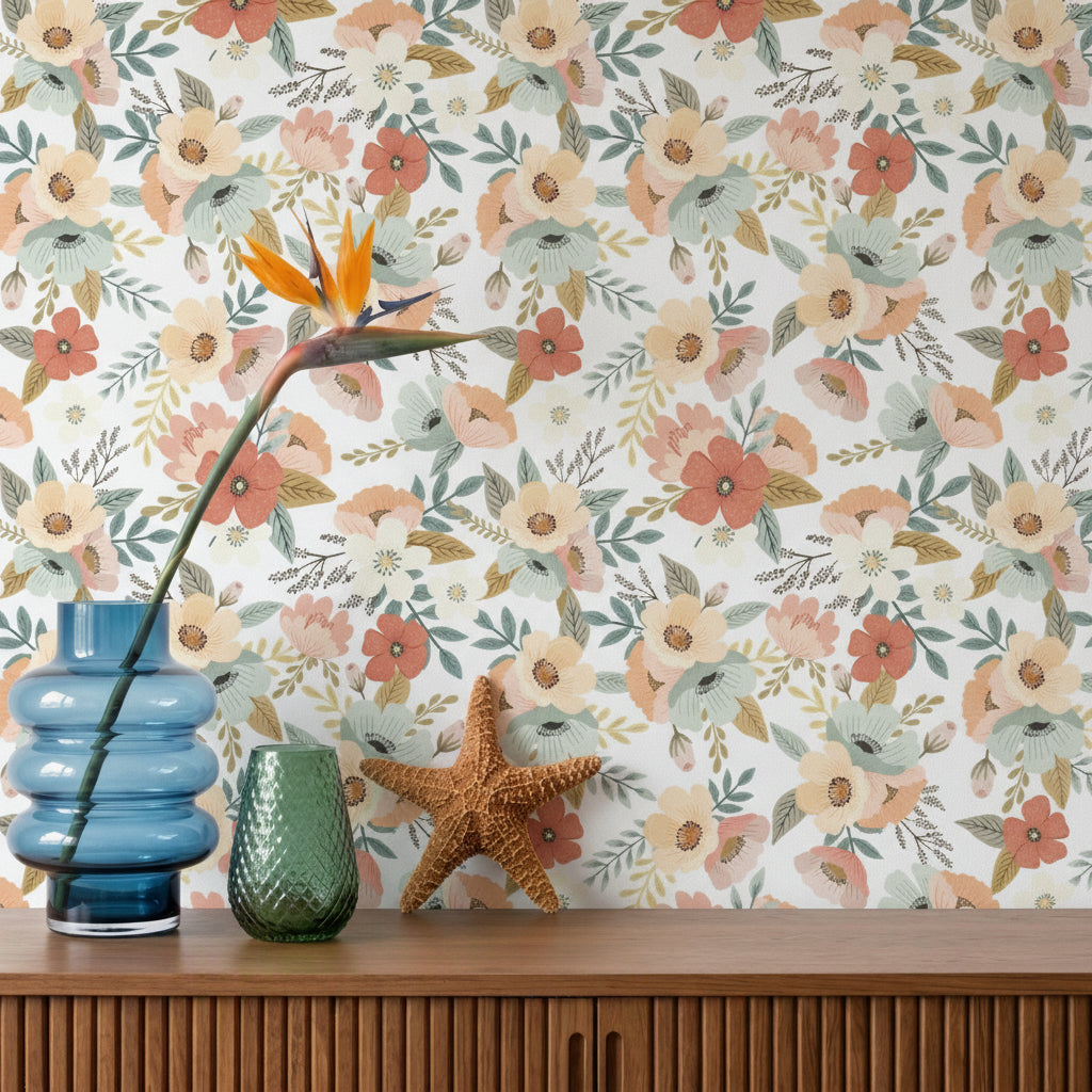 Forna Floral Peel and Stick Wallpaper in White color - pattern number MIAPS2-01 - by Veer Decor in the Mia Charros Peel and Stick Collection collection