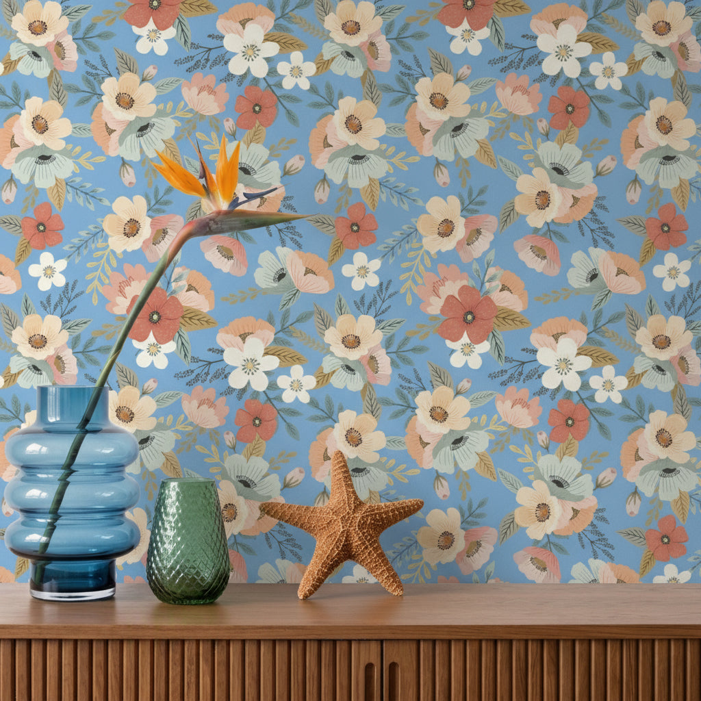 Forna Floral Peel and Stick Wallpaper in Blue color - pattern number MIAPS2-03 - by Veer Decor in the Mia Charros Peel and Stick Collection collection