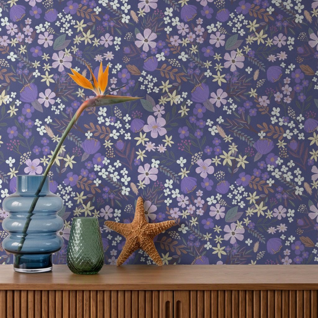 Margarida Floral Peel and Stick Wallpaper in Purple color - pattern number MIAPS3-01 - by Veer Decor in the Mia Charros Peel and Stick Collection collection