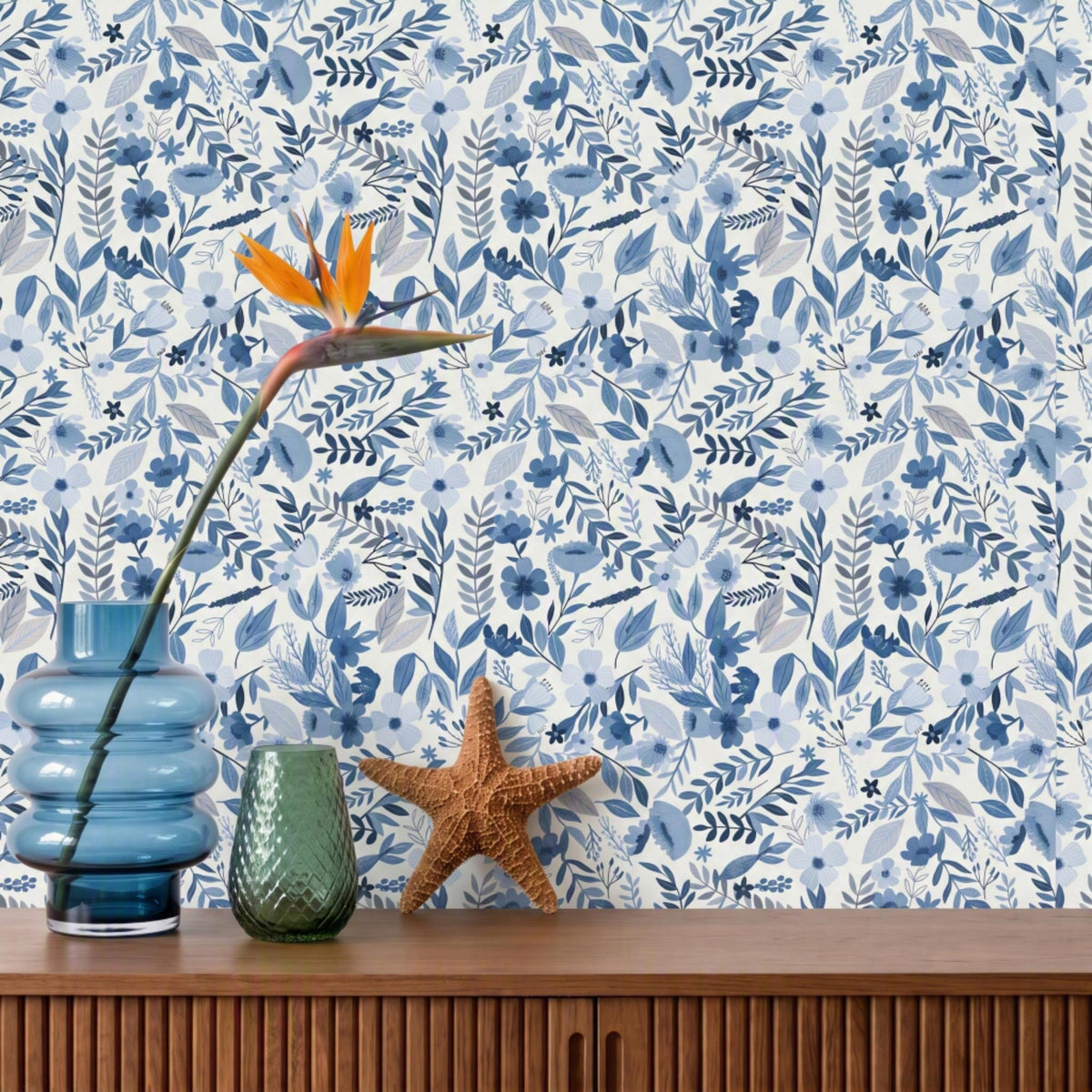 Emilie Floral Peel and Stick Wallpaper in Blue color - pattern number MIAPS6-01 - by Veer Decor in the Mia Charros Peel and Stick Collection collection