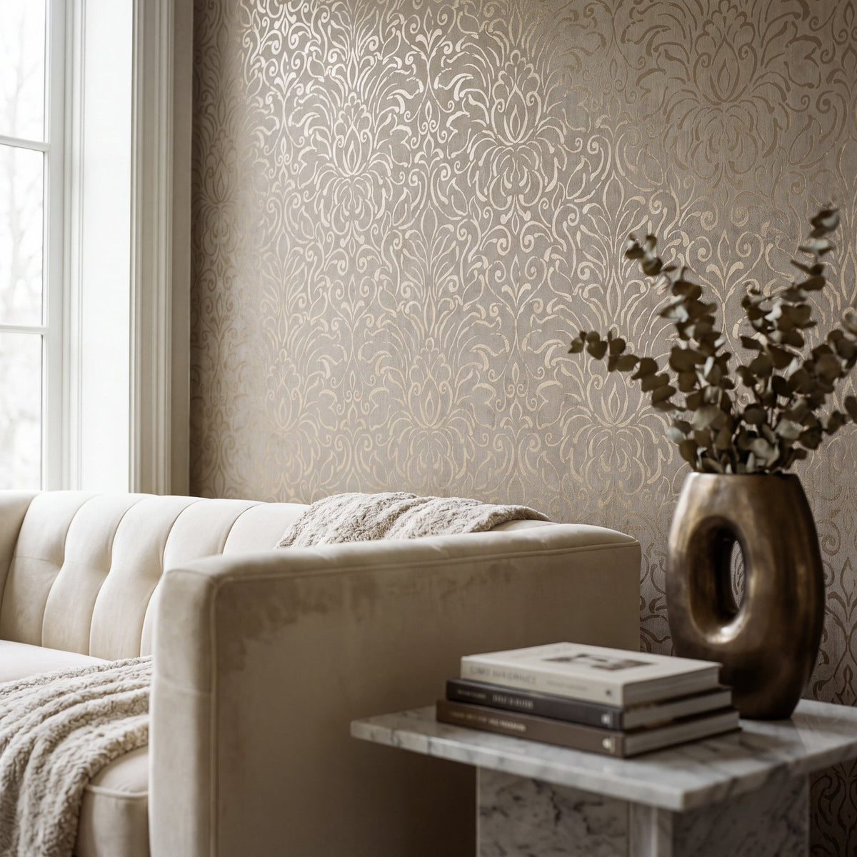 Damask Wallpaper in Bronze Brown color - pattern number MX88002 - by Galerie in the Metallic FX 2 collection