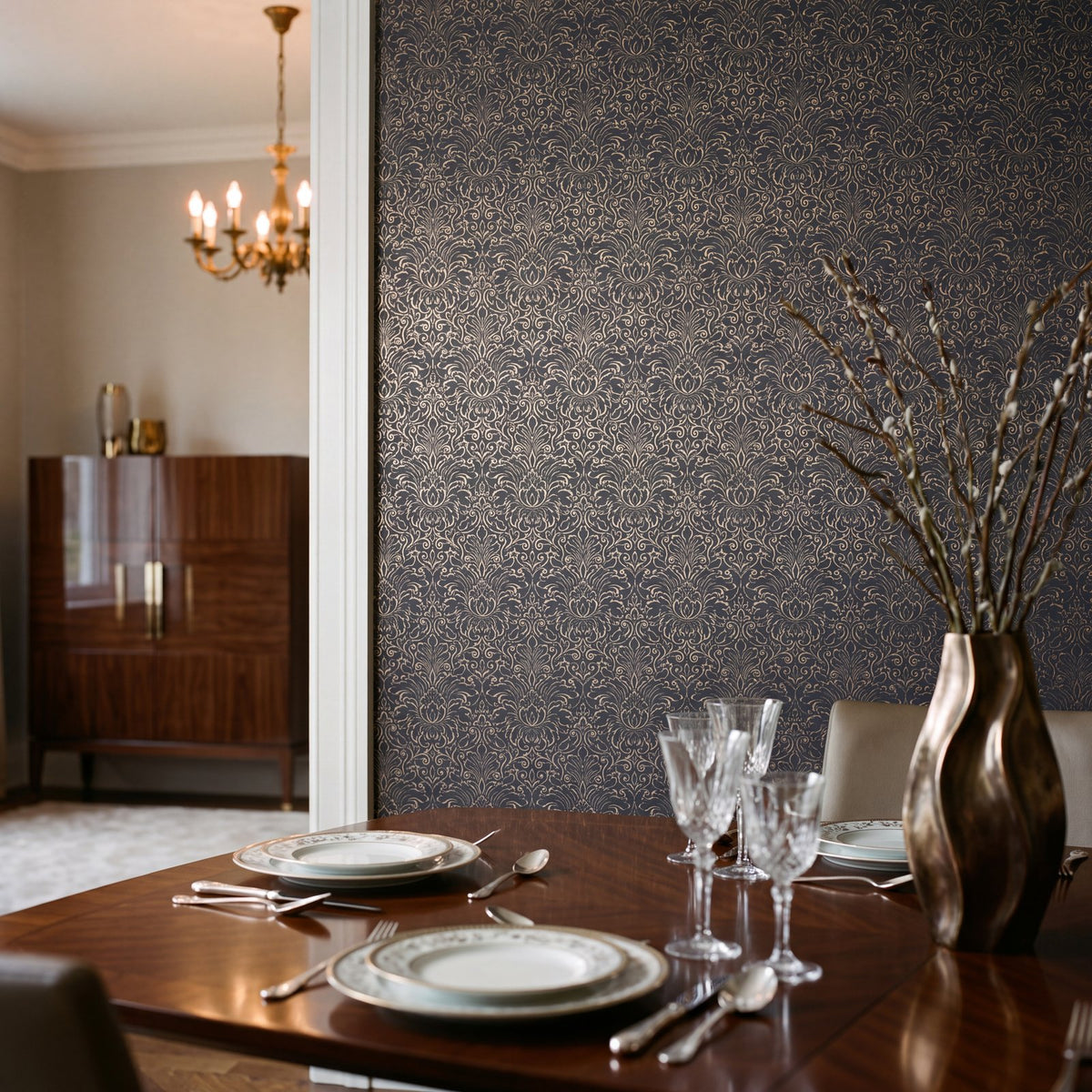 Damask Wallpaper in Black color - pattern number MX88005 - by Galerie in the Metallic FX 2 collection