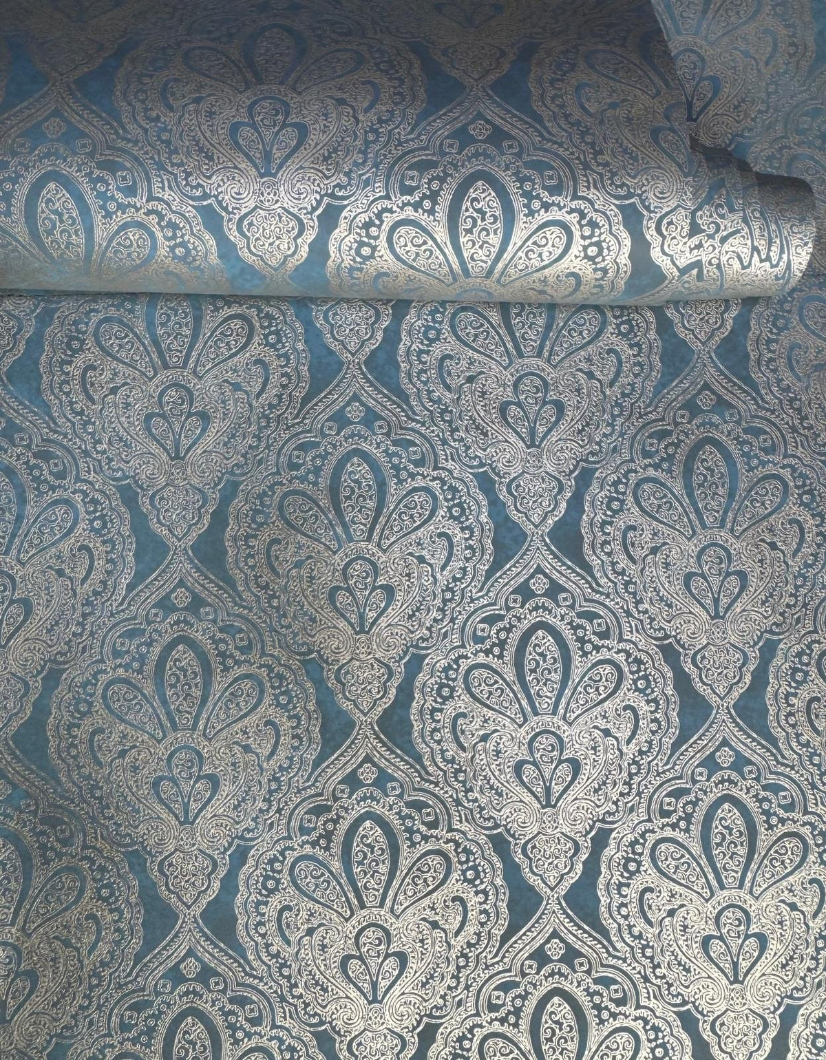 Damask Wallpaper in Blue color - pattern number MX88034 - by Galerie in the Metallic FX 2 collection