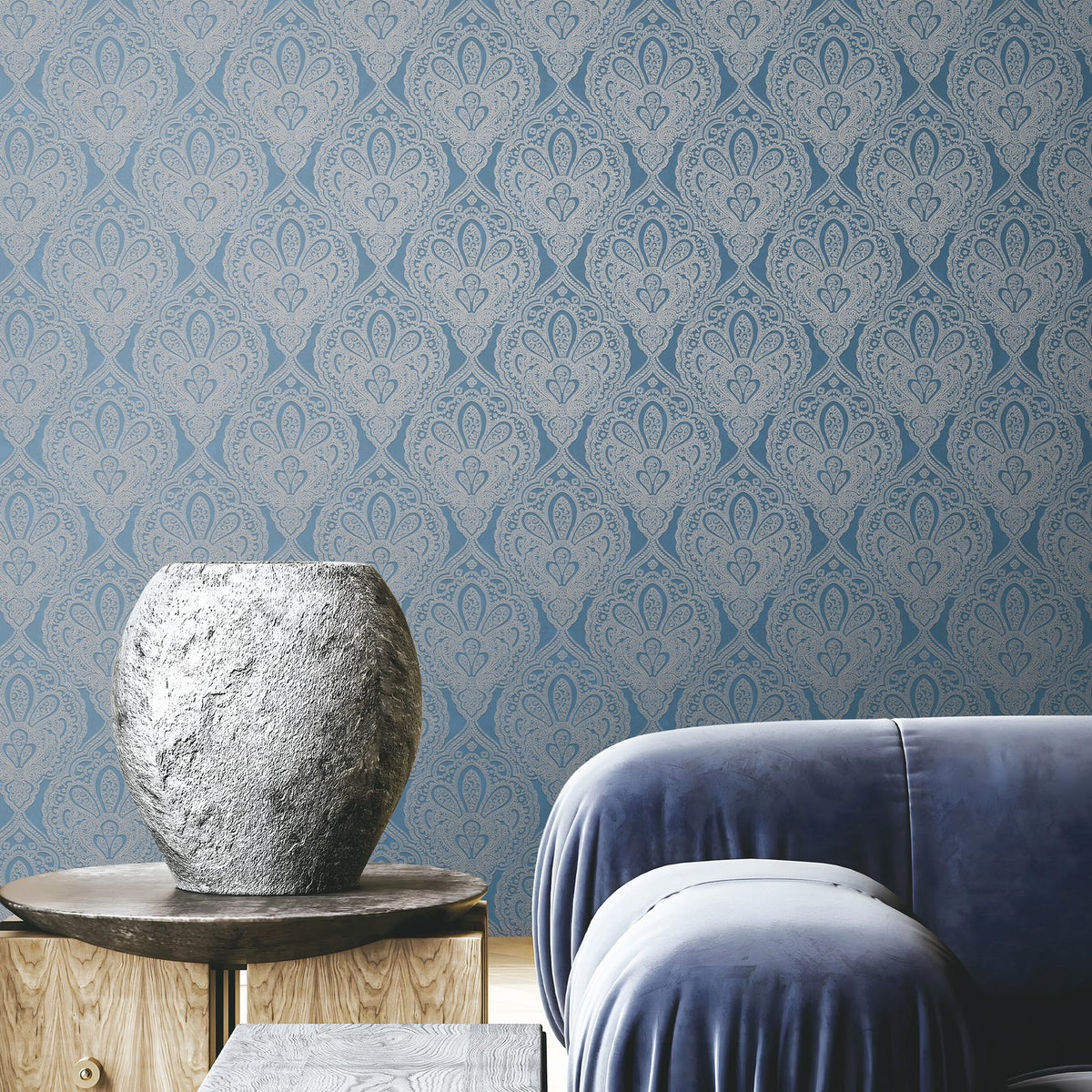 Damask Wallpaper in Blue color - pattern number MX88034 - by Galerie in the Metallic FX 2 collection