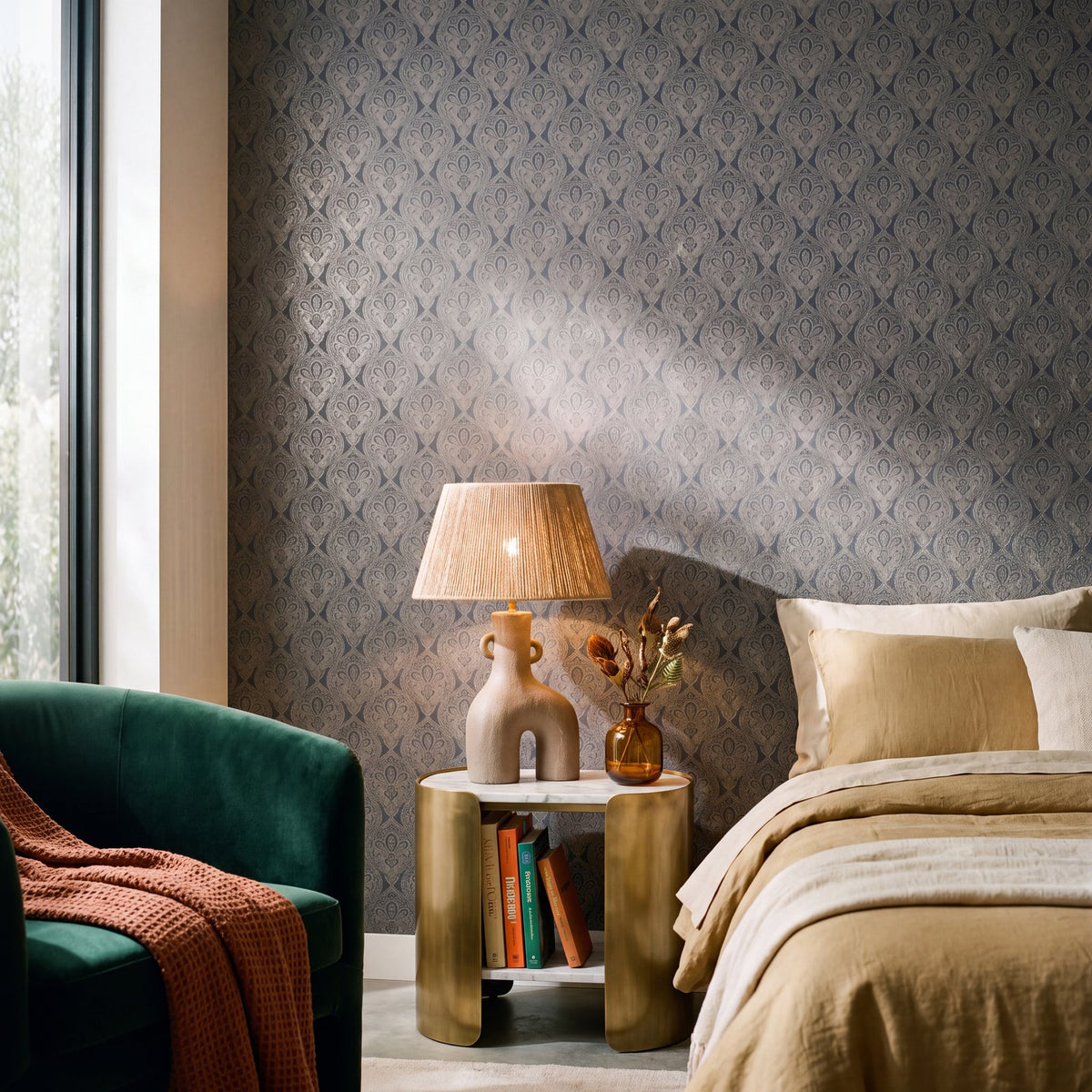 Damask Wallpaper in Black color - pattern number MX88035 - by Galerie in the Metallic FX 2 collection