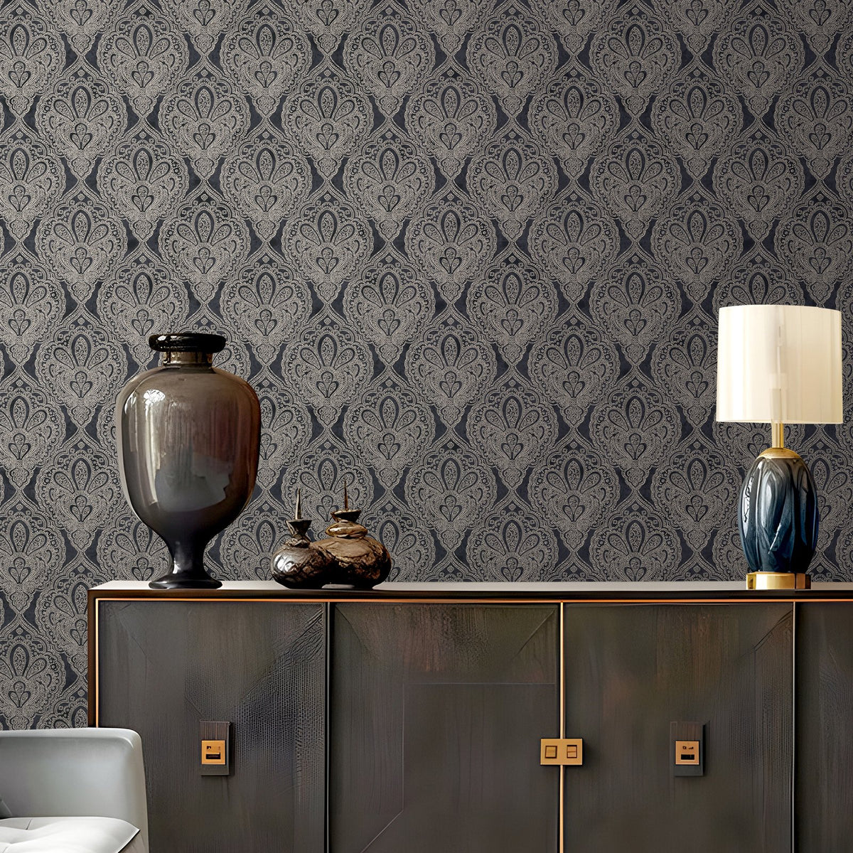 Damask Wallpaper in Black color - pattern number MX88035 - by Galerie in the Metallic FX 2 collection