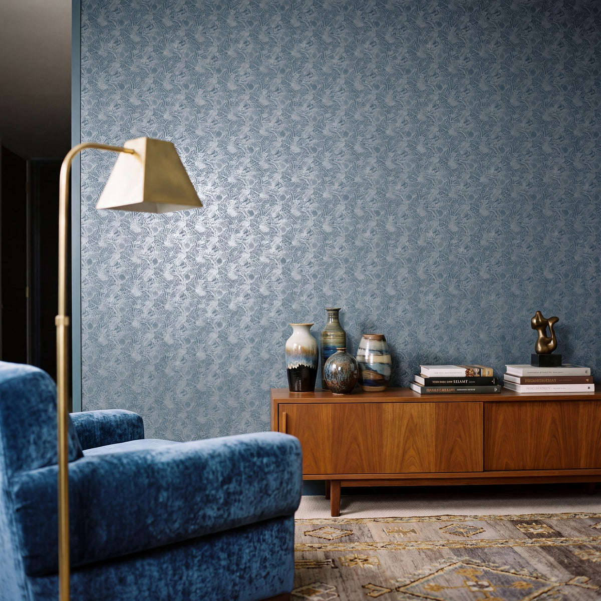 Shimmer Leaf Wallpaper in Blue color - pattern number MX88044 - by Galerie in the Metallic FX 2 collection