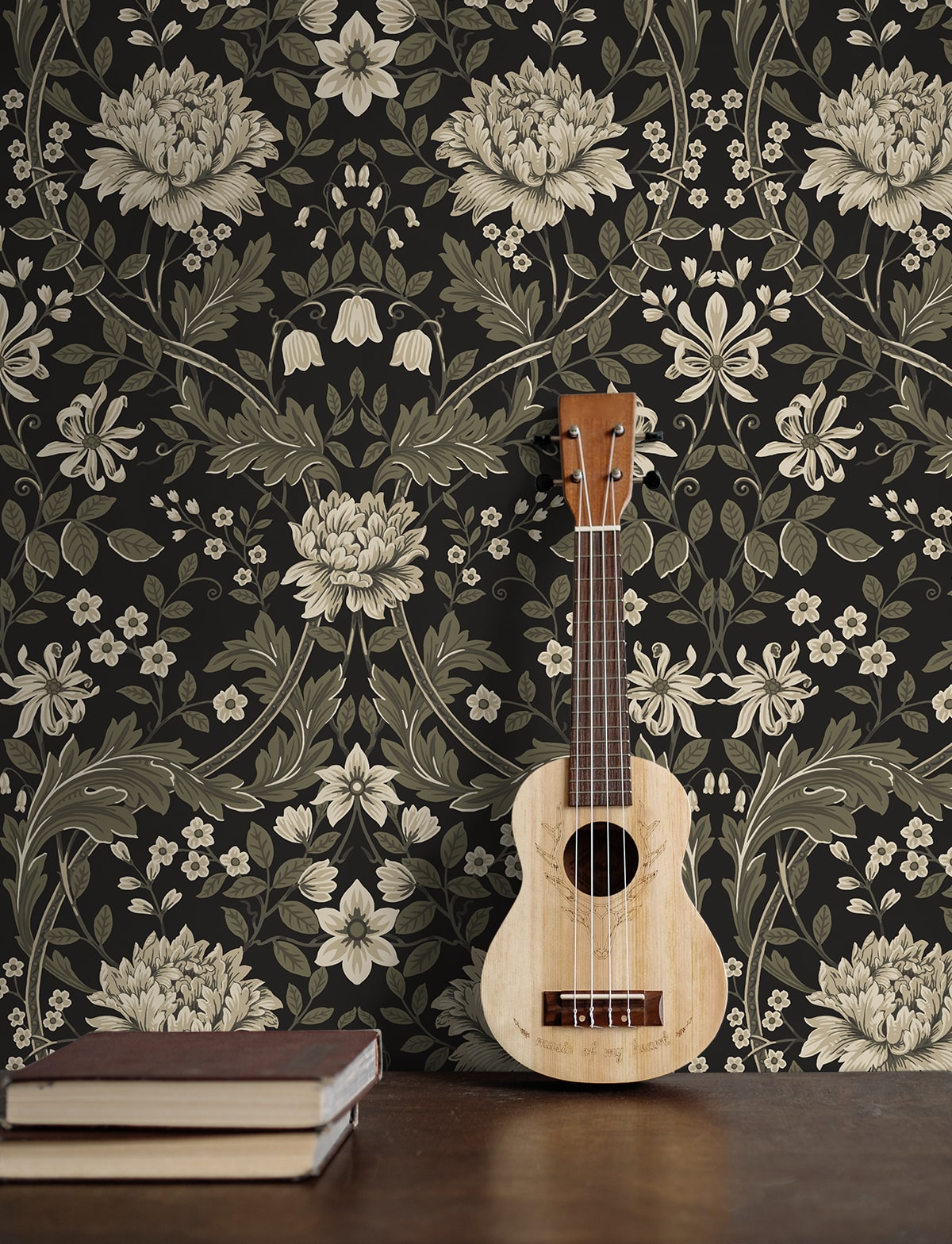 Honeysuckle Trail Peel and Stick wallpaper in ebony and pavestone color - pattern number NW44610 - by NextWall in the Peel and Stick Wallpaper by Nextwall collection