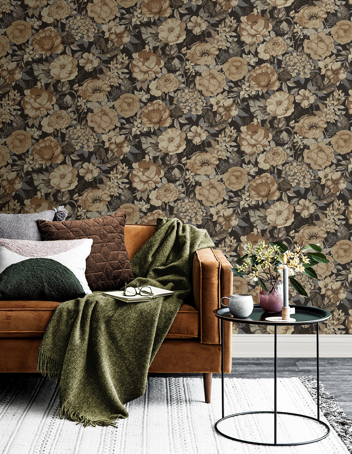 Watercolor Floral Garden Peel and Stick wallpaper in neutral and wrought iron color - pattern number NW52926 - by NextWall in the Peel and Stick Wallpaper by Nextwall collection