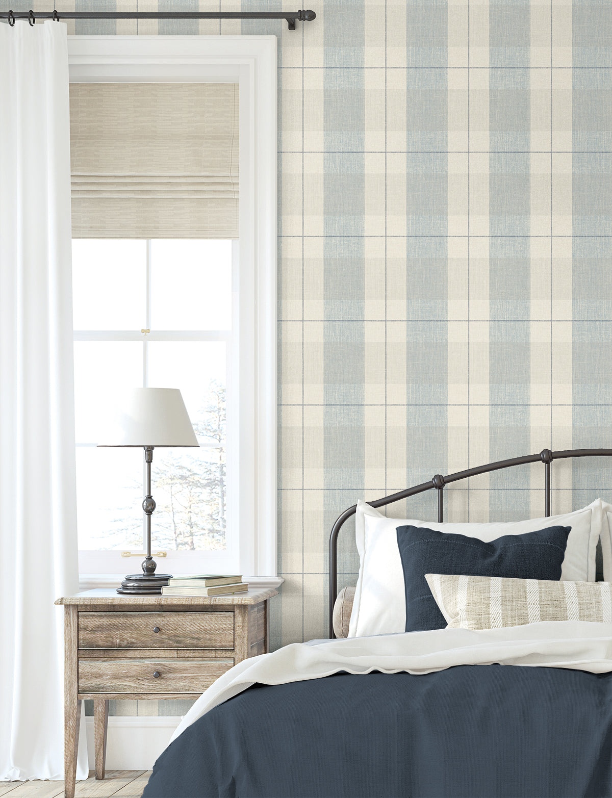 Lenox Hill Plaid Peel and Stick wallpaper in blue and beige color - pattern number NW56902 - by NextWall in the Peel and Stick Wallpaper by Nextwall collection