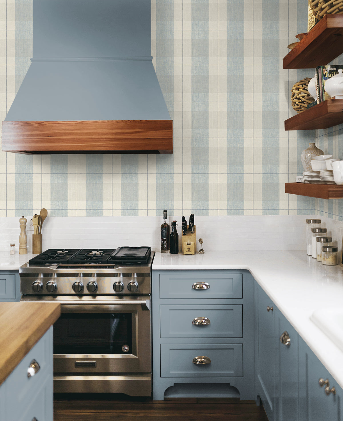 Lenox Hill Plaid Peel and Stick wallpaper in blue and beige color - pattern number NW56902 - by NextWall in the Peel and Stick Wallpaper by Nextwall collection