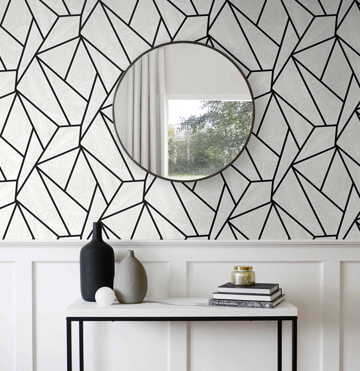 Vector Geo Peel and Stick wallpaper in ebony and morning fog color - pattern number NW57300 - by NextWall in the Peel and Stick Wallpaper by Nextwall collection