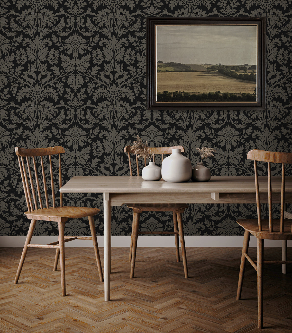 Ansel Damask Peel and Stick wallpaper in ebony and pavestone color - pattern number NW57710 - by NextWall in the Peel and Stick Wallpaper by Nextwall collection