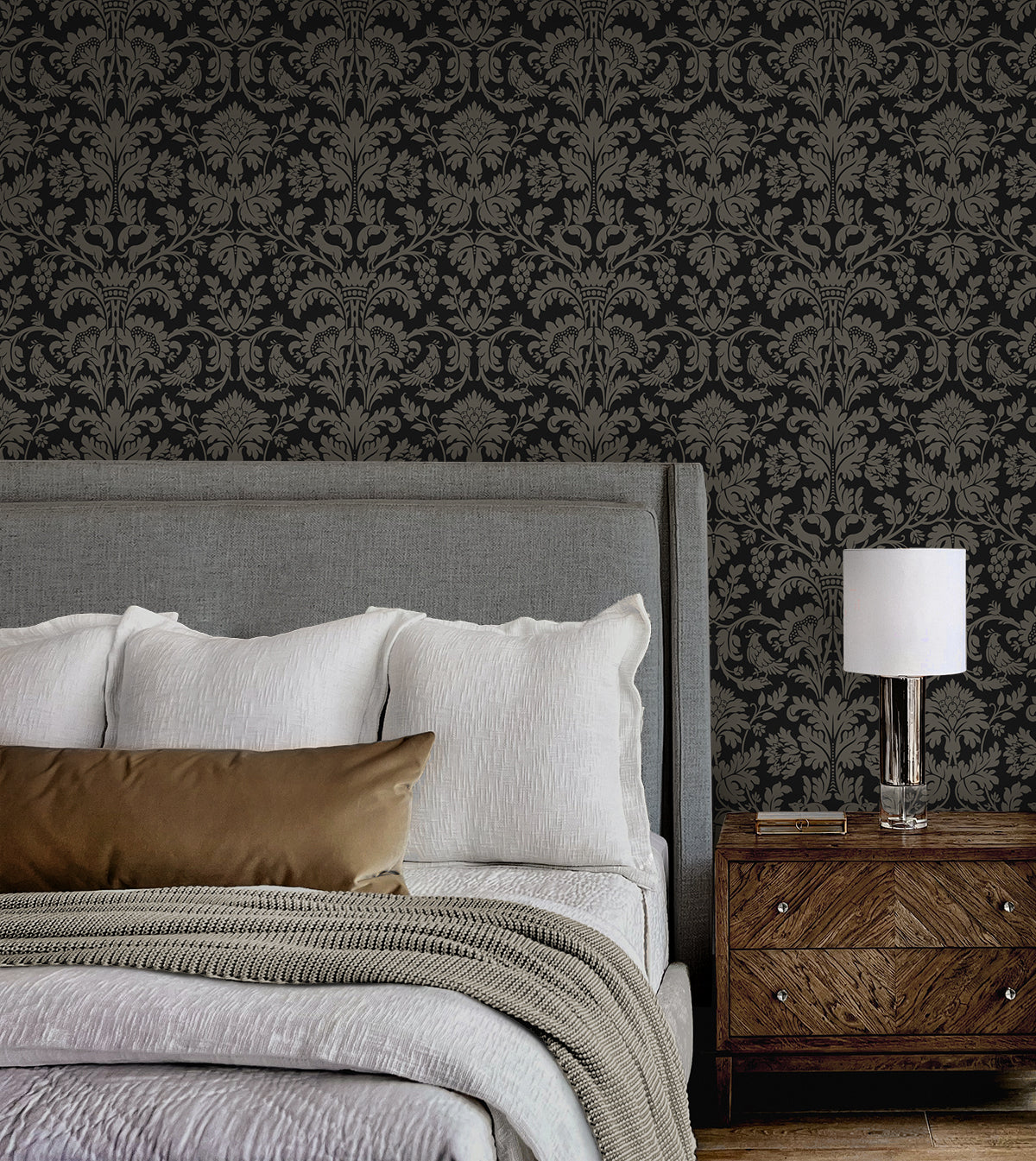 Ansel Damask Peel and Stick wallpaper in ebony and pavestone color - pattern number NW57710 - by NextWall in the Peel and Stick Wallpaper by Nextwall collection