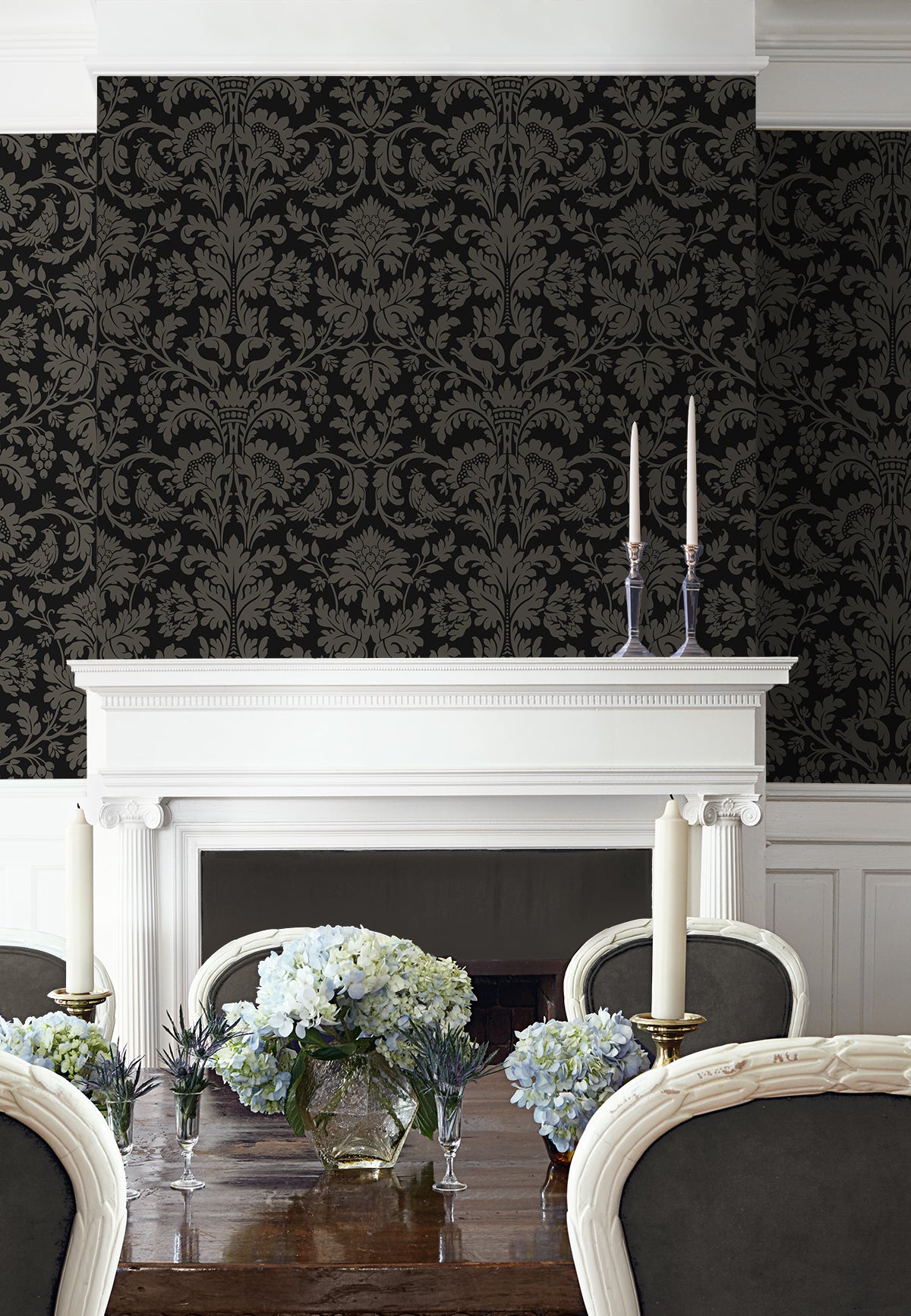 Ansel Damask Peel and Stick wallpaper in ebony and pavestone color - pattern number NW57710 - by NextWall in the Peel and Stick Wallpaper by Nextwall collection