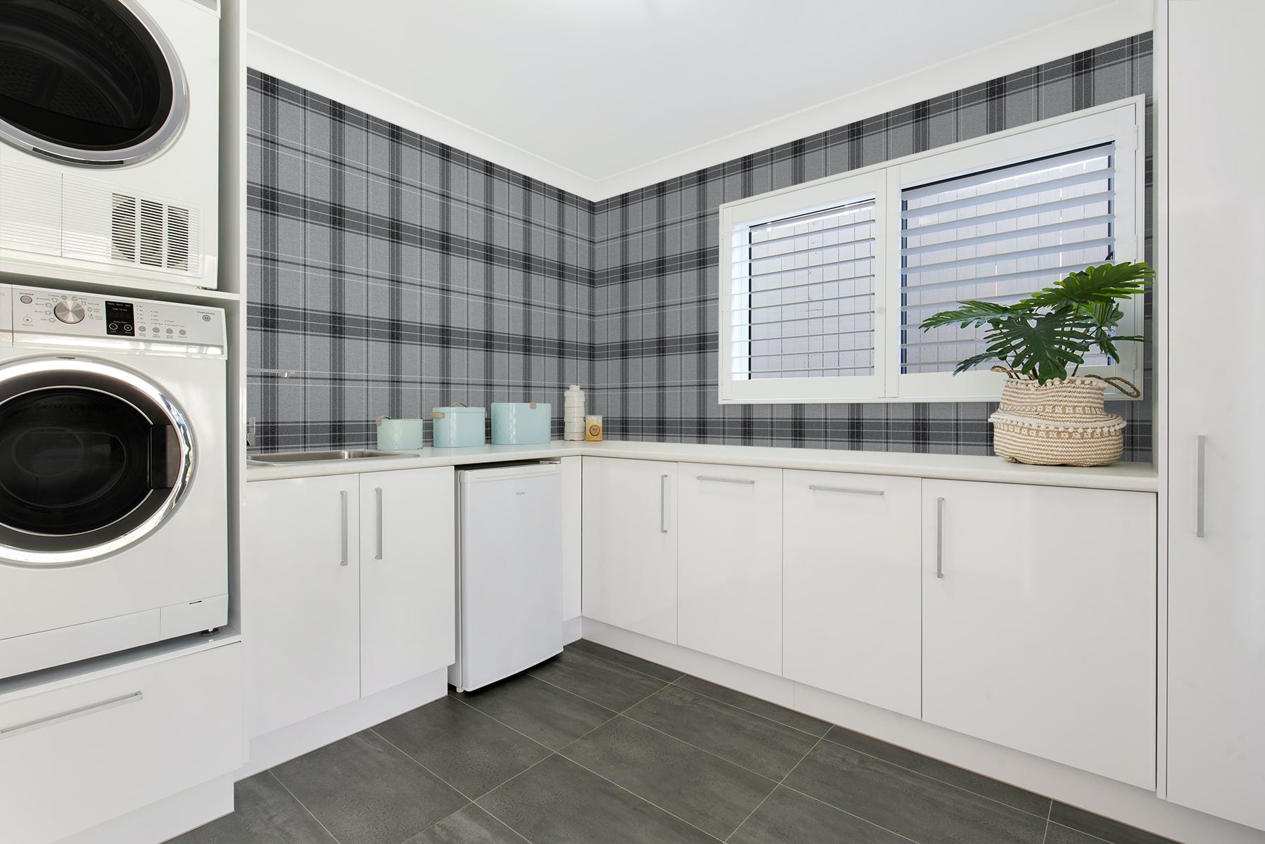 Manorvale Plaid Peel and Stick wallpaper in greyscale color - pattern number NW58010 - by NextWall in the Peel and Stick Wallpaper by Nextwall collection