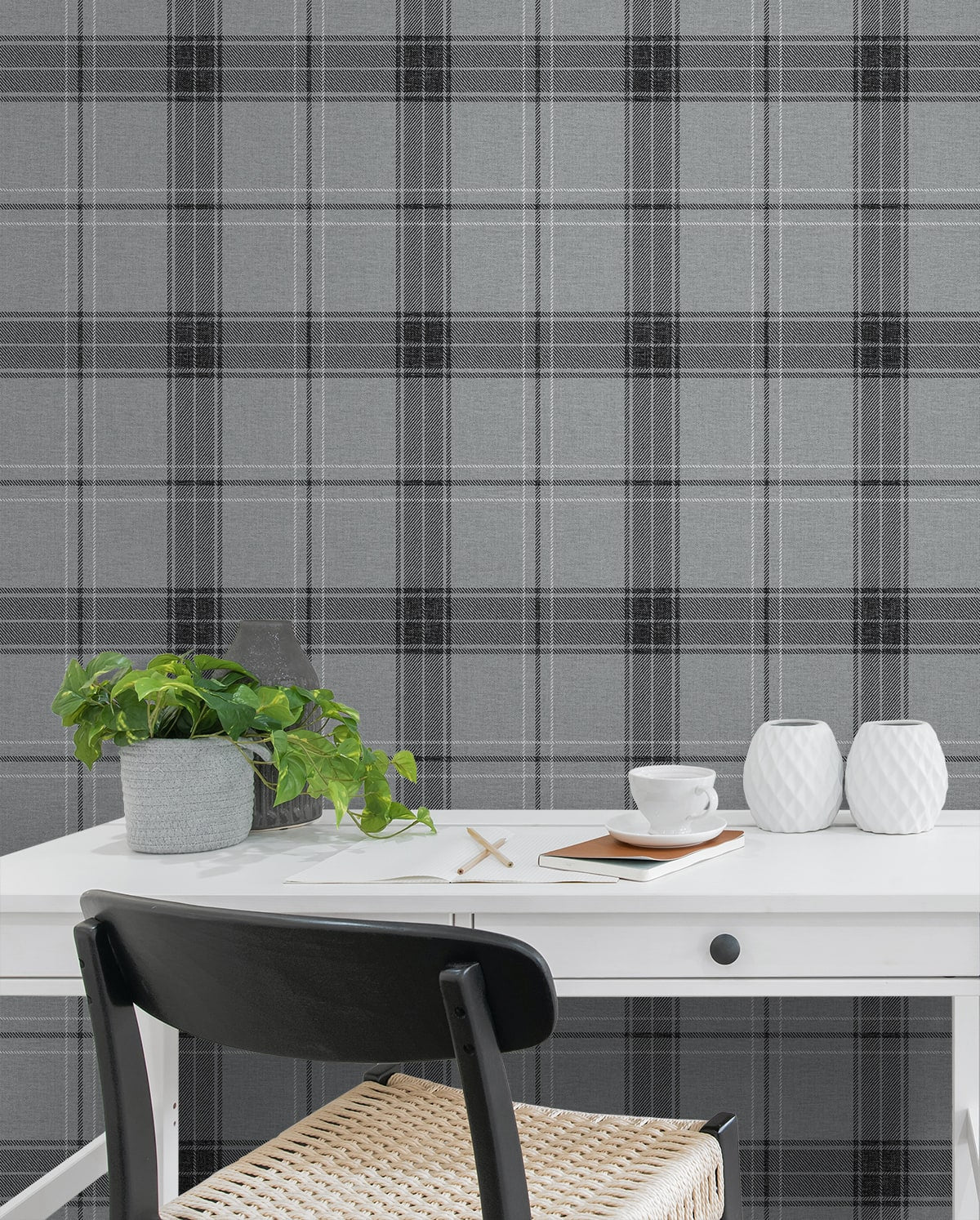 Manorvale Plaid Peel and Stick wallpaper in greyscale color - pattern number NW58010 - by NextWall in the Peel and Stick Wallpaper by Nextwall collection