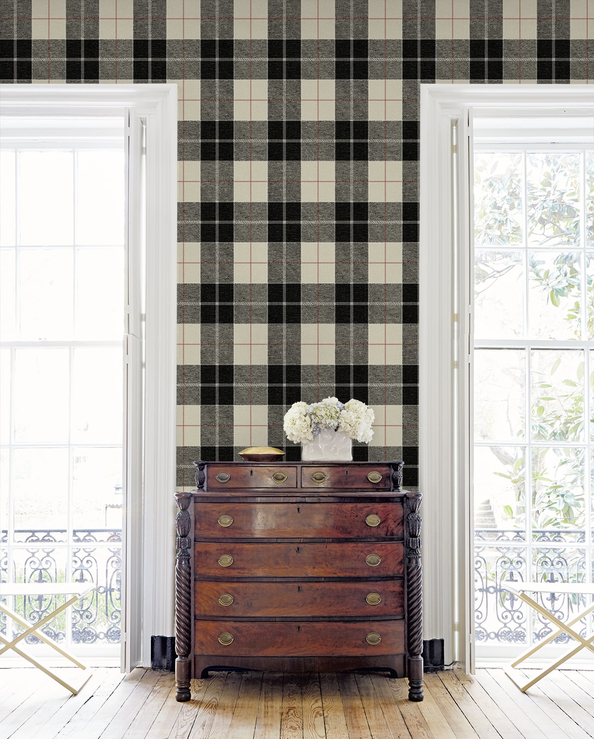 Altarinda Plaid Peel and Stick wallpaper in blacksmith and red color - pattern number NW58100 - by NextWall in the Peel and Stick Wallpaper by Nextwall collection