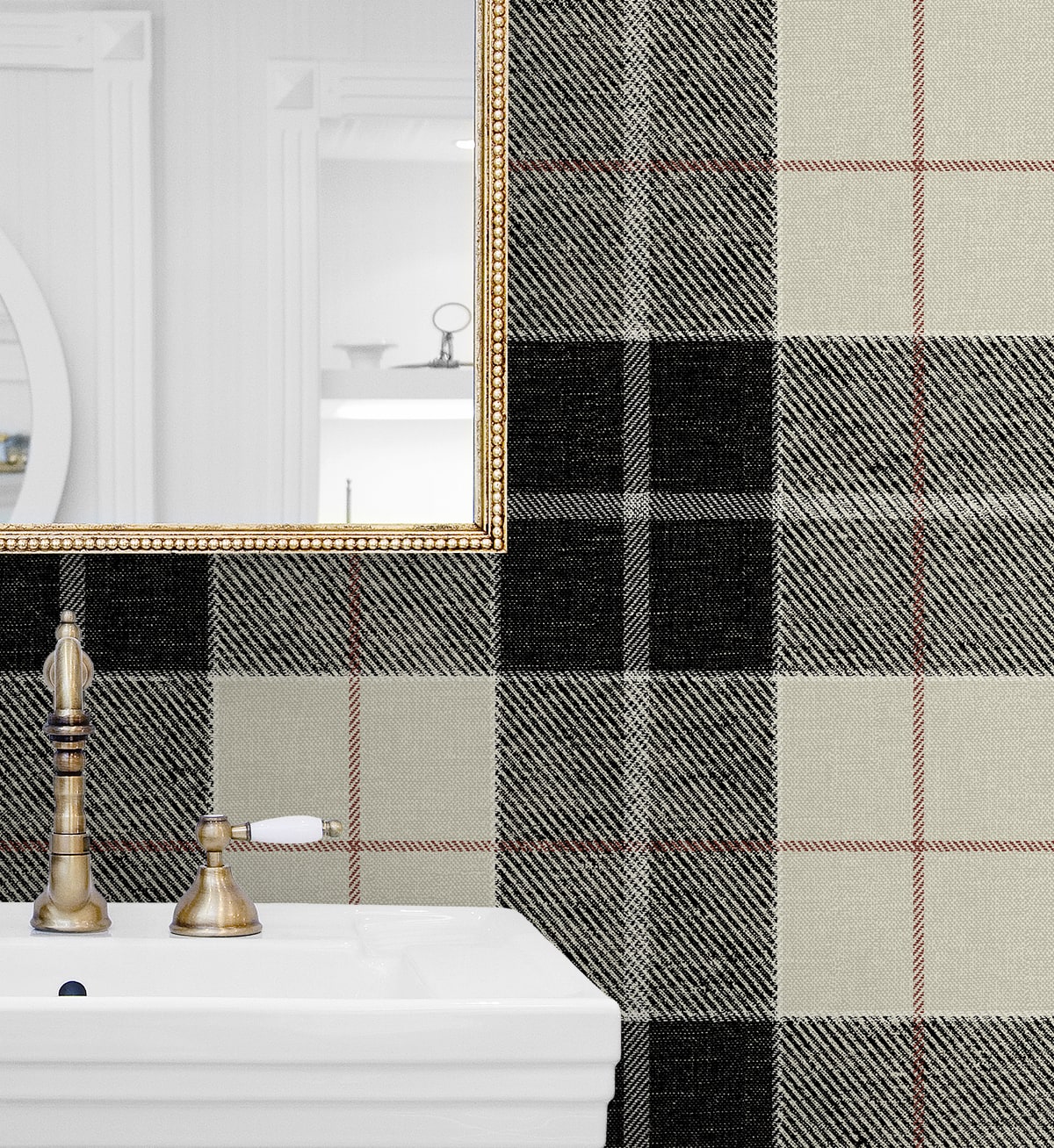 Altarinda Plaid Peel and Stick wallpaper in blacksmith and red color - pattern number NW58100 - by NextWall in the Peel and Stick Wallpaper by Nextwall collection
