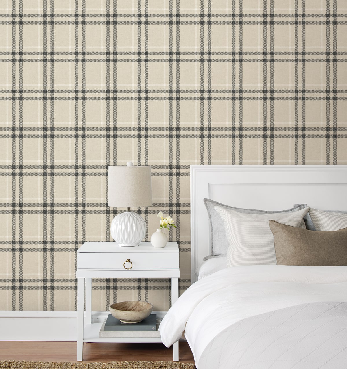 Calverlay Plaid Peel and Stick wallpaper in linen and ebony color - pattern number NW58205 - by NextWall in the Peel and Stick Wallpaper by Nextwall collection