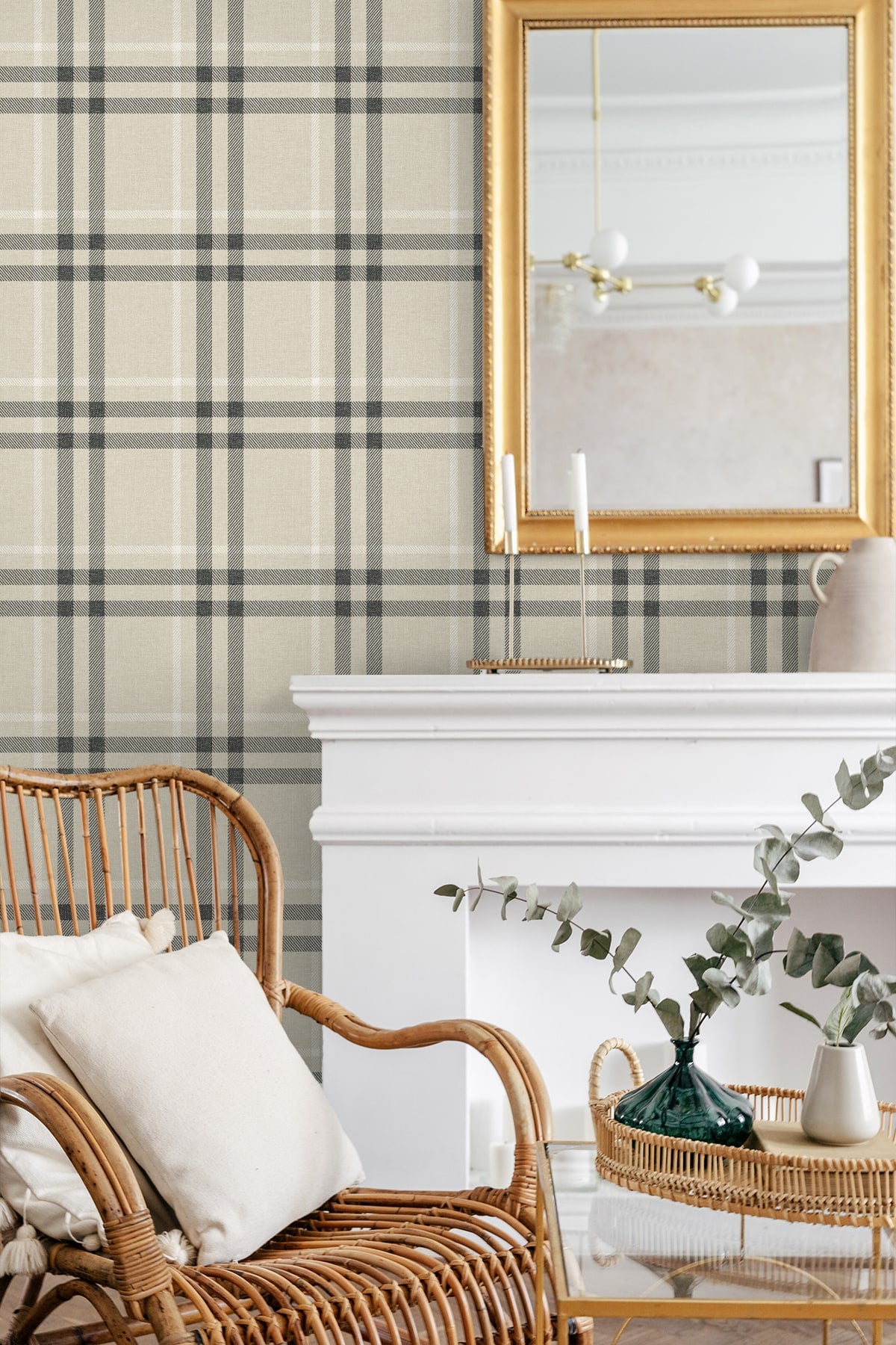 Calverlay Plaid Peel and Stick wallpaper in linen and ebony color - pattern number NW58205 - by NextWall in the Peel and Stick Wallpaper by Nextwall collection