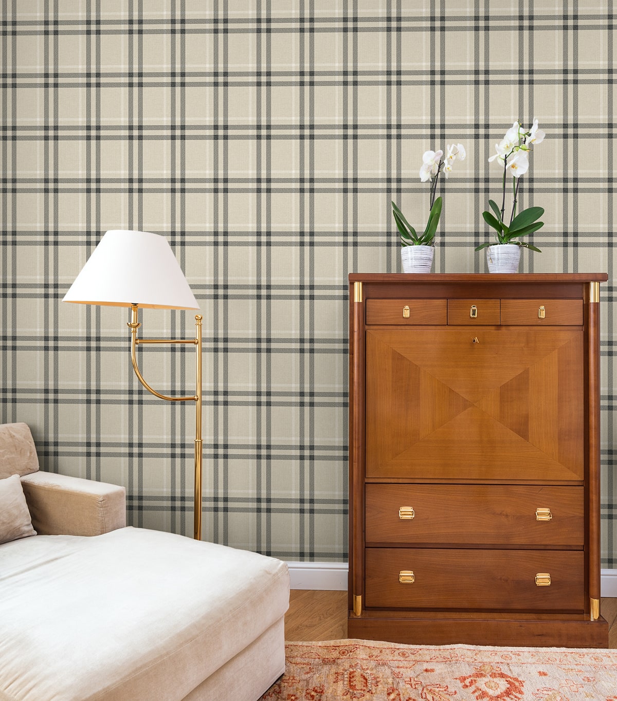 Calverlay Plaid Peel and Stick wallpaper in linen and ebony color - pattern number NW58205 - by NextWall in the Peel and Stick Wallpaper by Nextwall collection