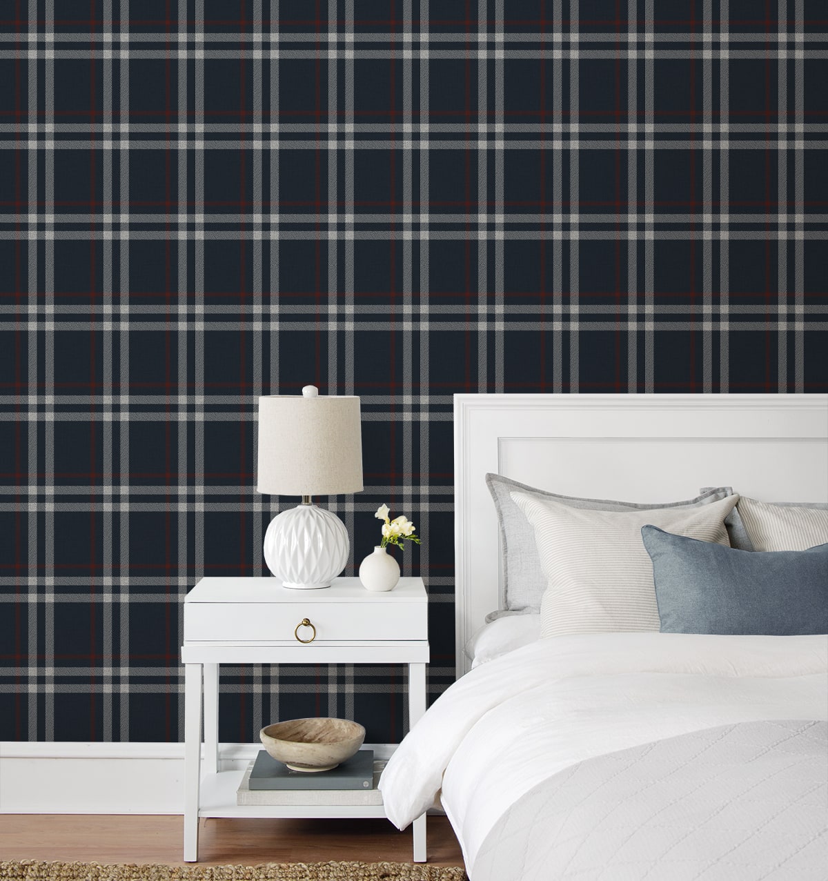 Calverlay Plaid Peel and Stick wallpaper in blue and red color - pattern number NW58212 - by NextWall in the Peel and Stick Wallpaper by Nextwall collection