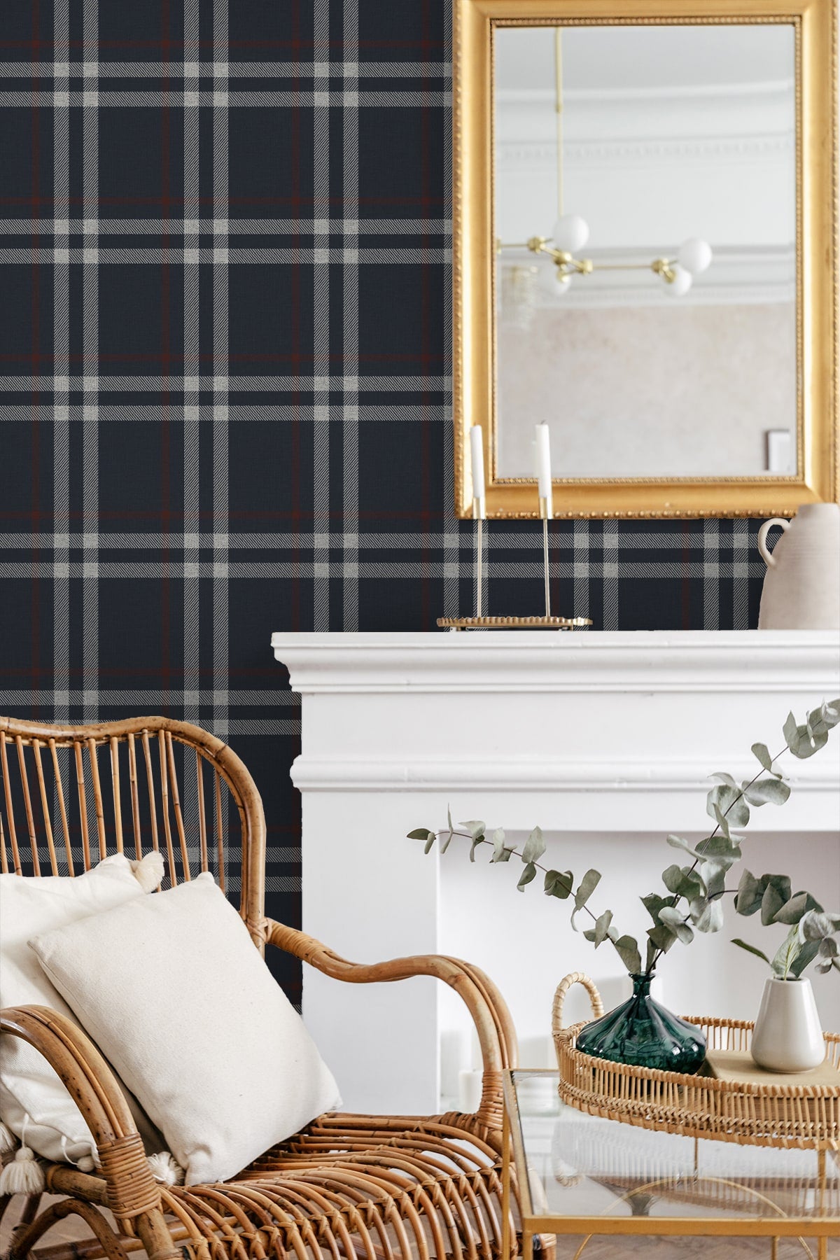 Calverlay Plaid Peel and Stick wallpaper in blue and red color - pattern number NW58212 - by NextWall in the Peel and Stick Wallpaper by Nextwall collection