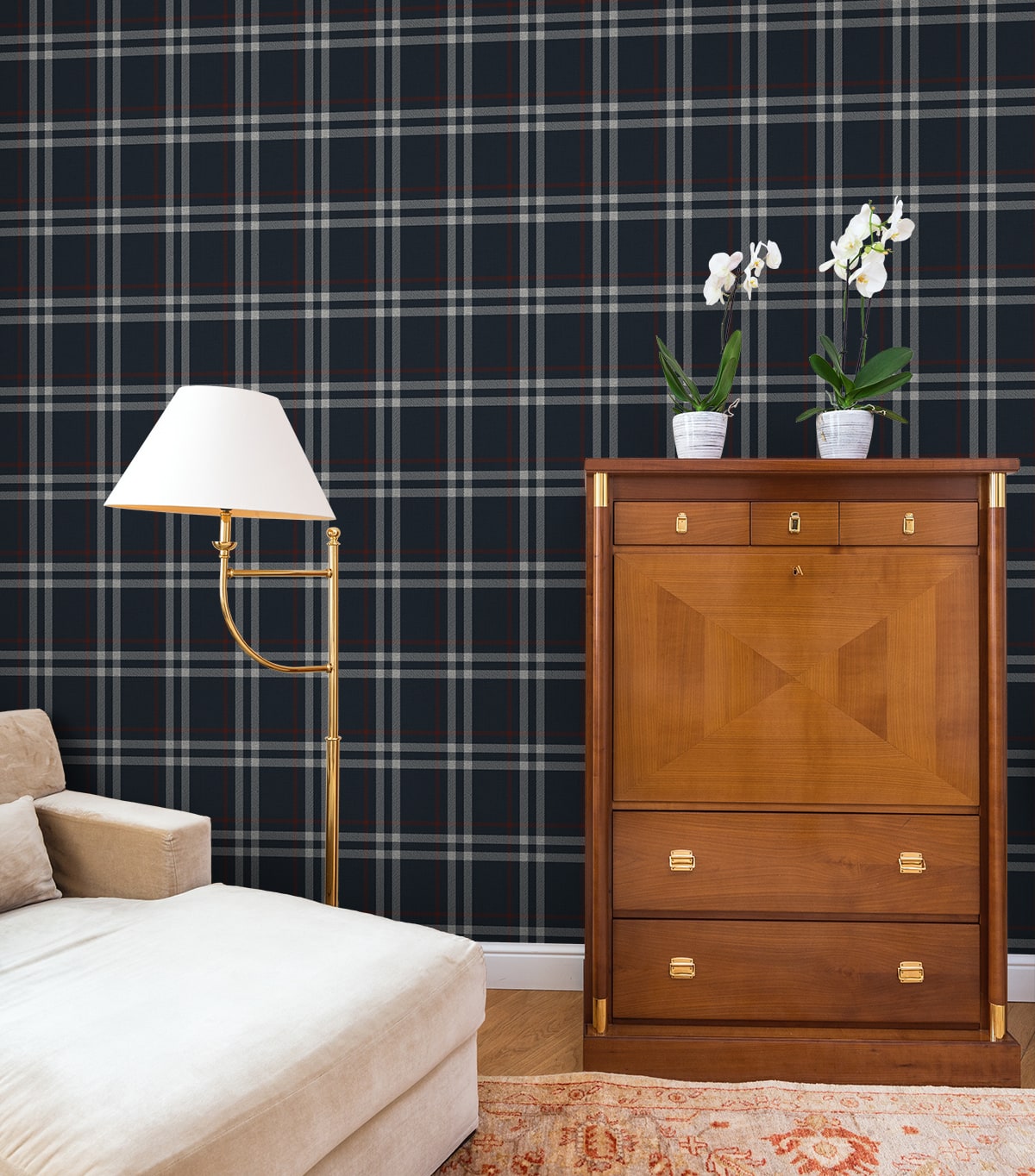 Calverlay Plaid Peel and Stick wallpaper in blue and red color - pattern number NW58212 - by NextWall in the Peel and Stick Wallpaper by Nextwall collection