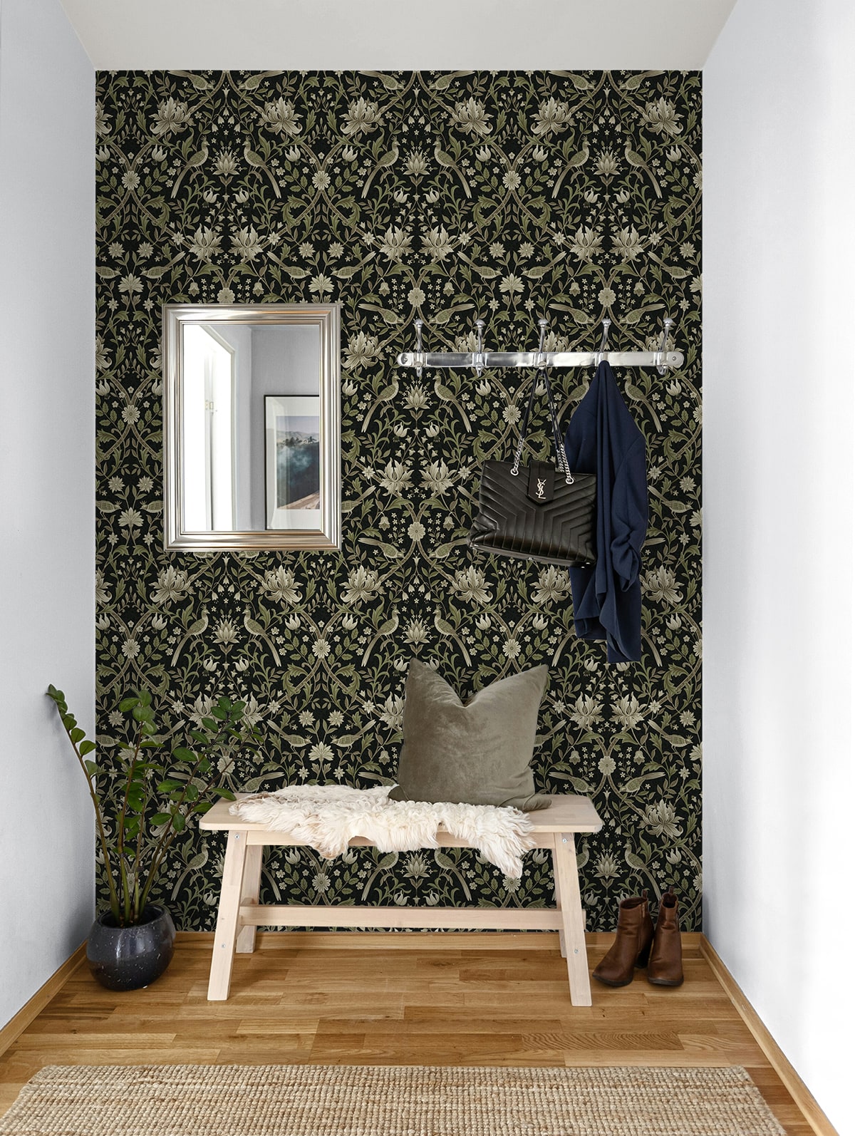 Vintage Bird Ogee Peel and Stick wallpaper in ebony and rosemary color - pattern number NW58300 - by NextWall in the Peel and Stick Wallpaper by Nextwall collection