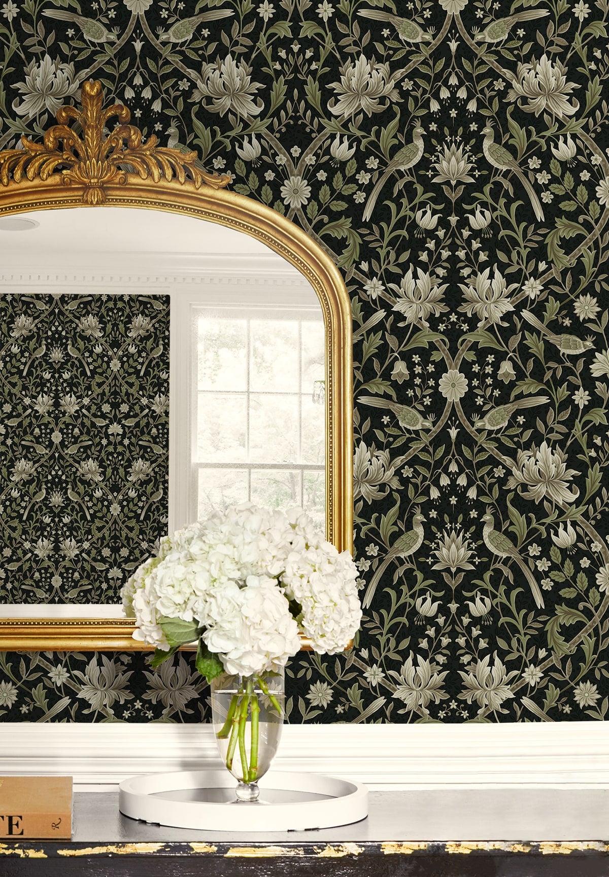 Vintage Bird Ogee Peel and Stick wallpaper in ebony and rosemary color - pattern number NW58300 - by NextWall in the Peel and Stick Wallpaper by Nextwall collection
