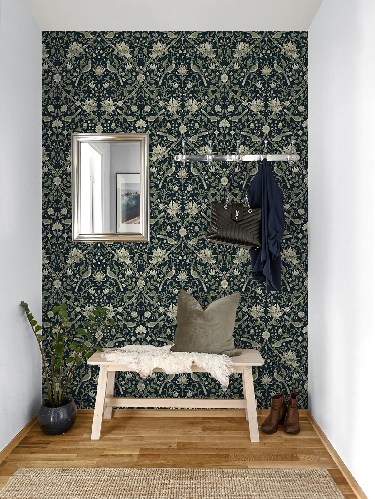 Vintage Bird Ogee Peel and Stick wallpaper in blue and sage color - pattern number NW58302 - by NextWall in the Peel and Stick Wallpaper by Nextwall collection