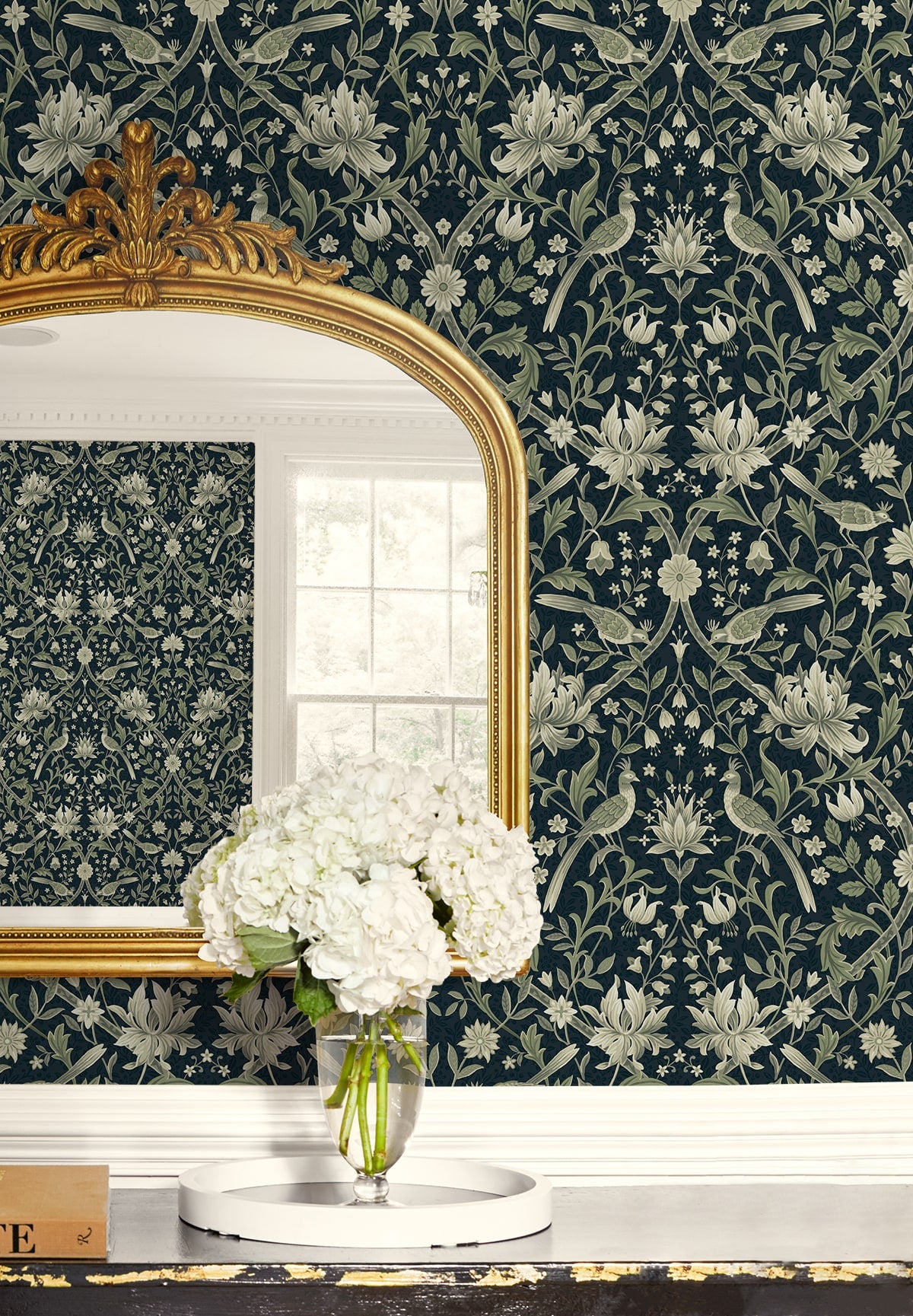 Vintage Bird Ogee Peel and Stick wallpaper in blue and sage color - pattern number NW58302 - by NextWall in the Peel and Stick Wallpaper by Nextwall collection
